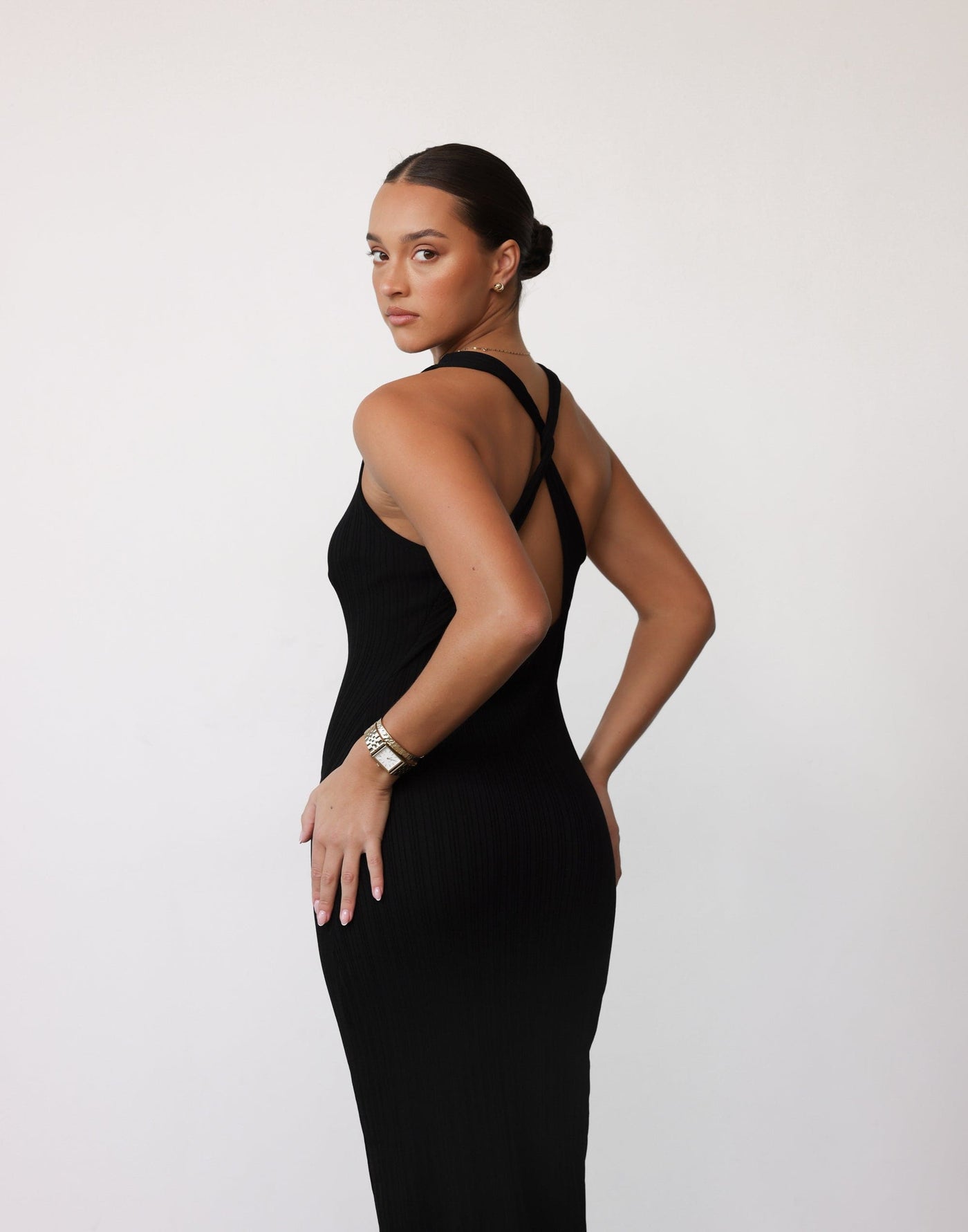 Charm Midi Dress (Black) - Crossed Open Back Ribbed Maxi - Women's Dress - Charcoal Clothing