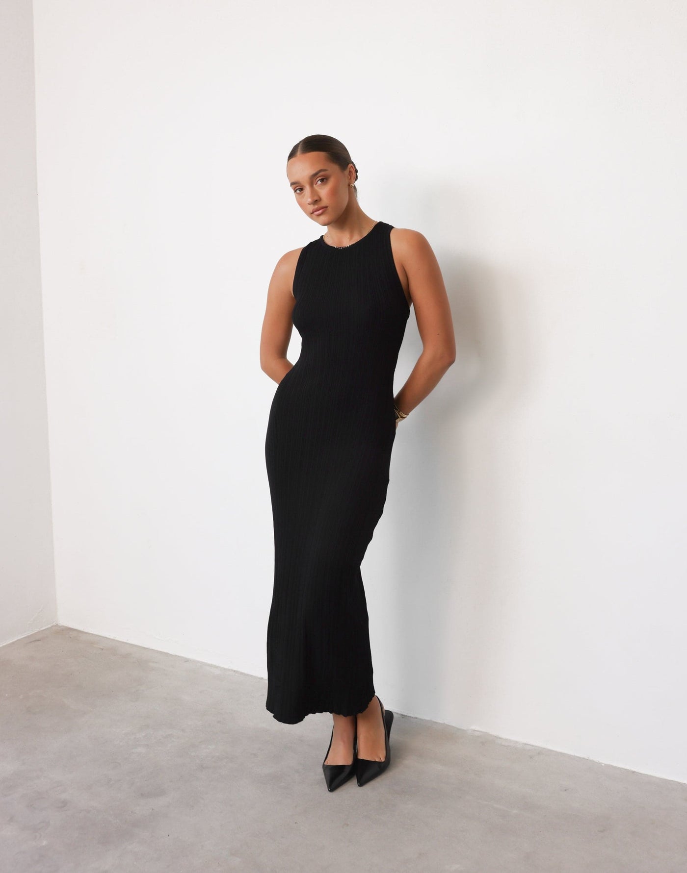 Charm Midi Dress (Black) - Crossed Open Back Ribbed Maxi - Women's Dress - Charcoal Clothing