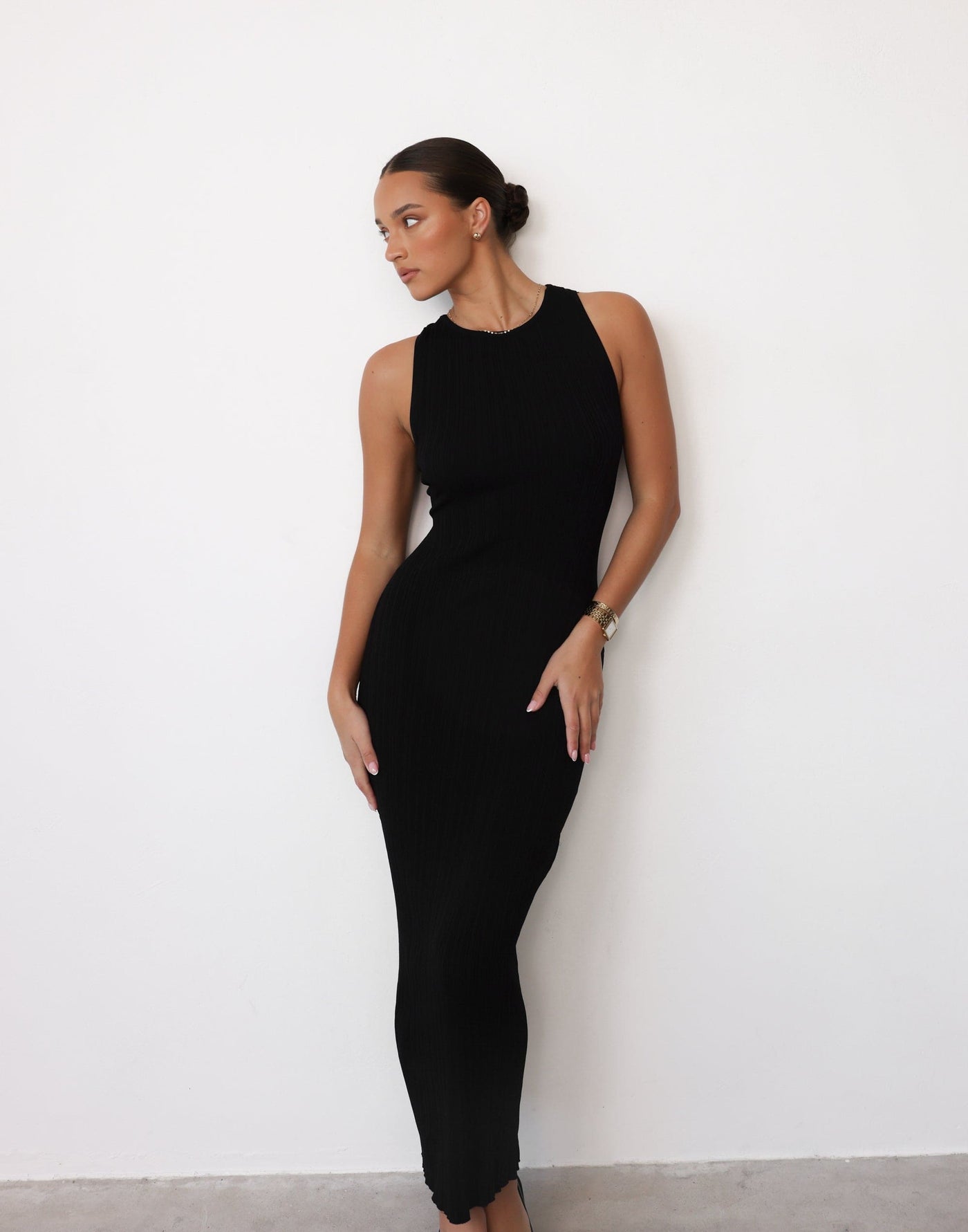 Charm Midi Dress (Black) - Crossed Open Back Ribbed Maxi - Women's Dress - Charcoal Clothing