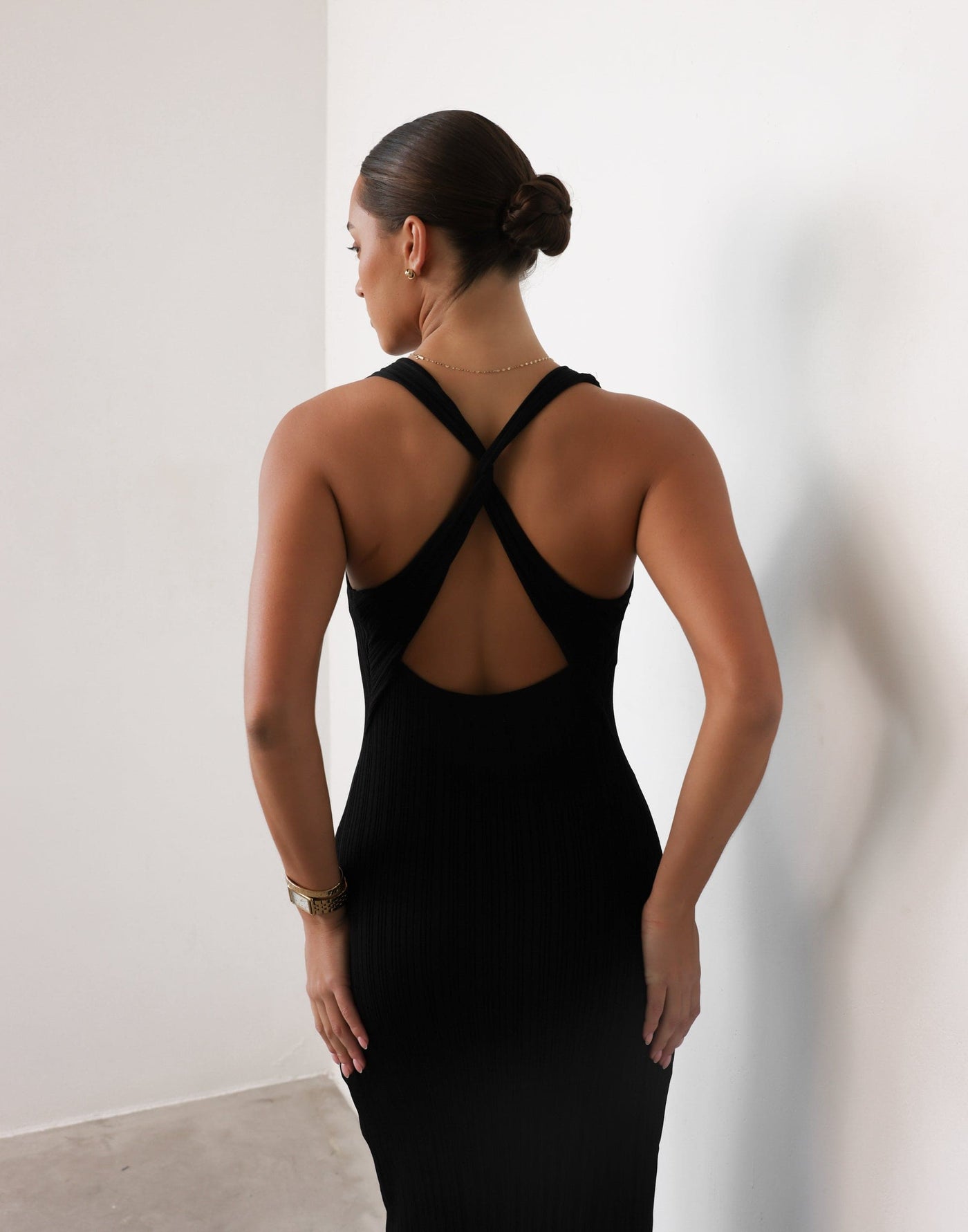 Charm Midi Dress (Black) - Crossed Open Back Ribbed Maxi - Women's Dress - Charcoal Clothing