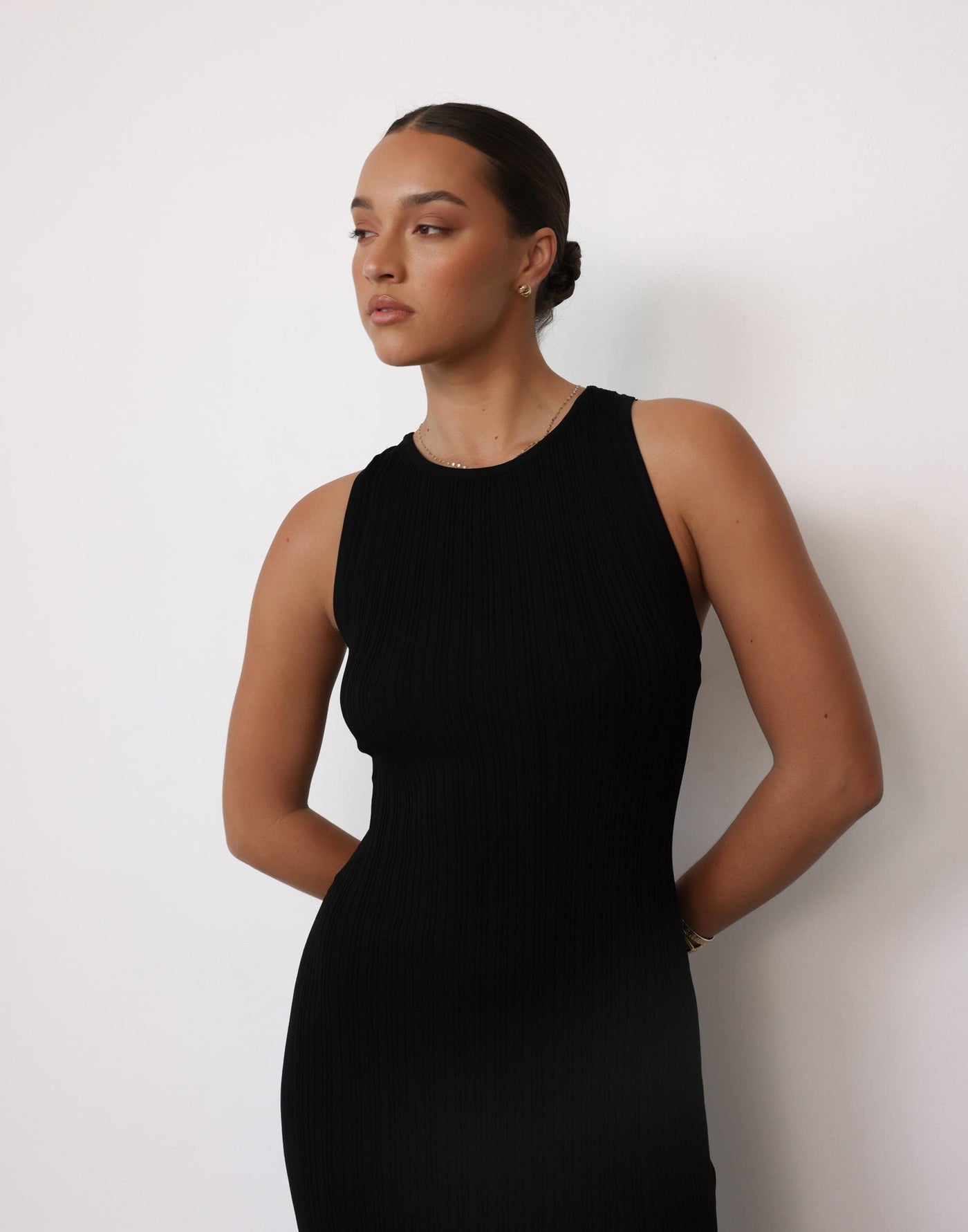 Charm Midi Dress (Black) - Crossed Open Back Ribbed Maxi - Women's Dress - Charcoal Clothing