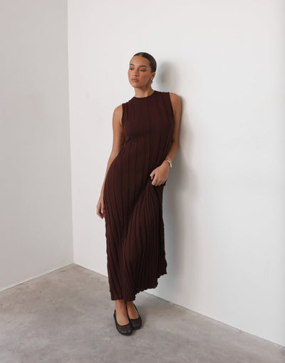 Jemima Maxi Dress (Cocoa) - Ribbed High Round Neckline Maxi Dress - Women's Dress - Charcoal Clothing