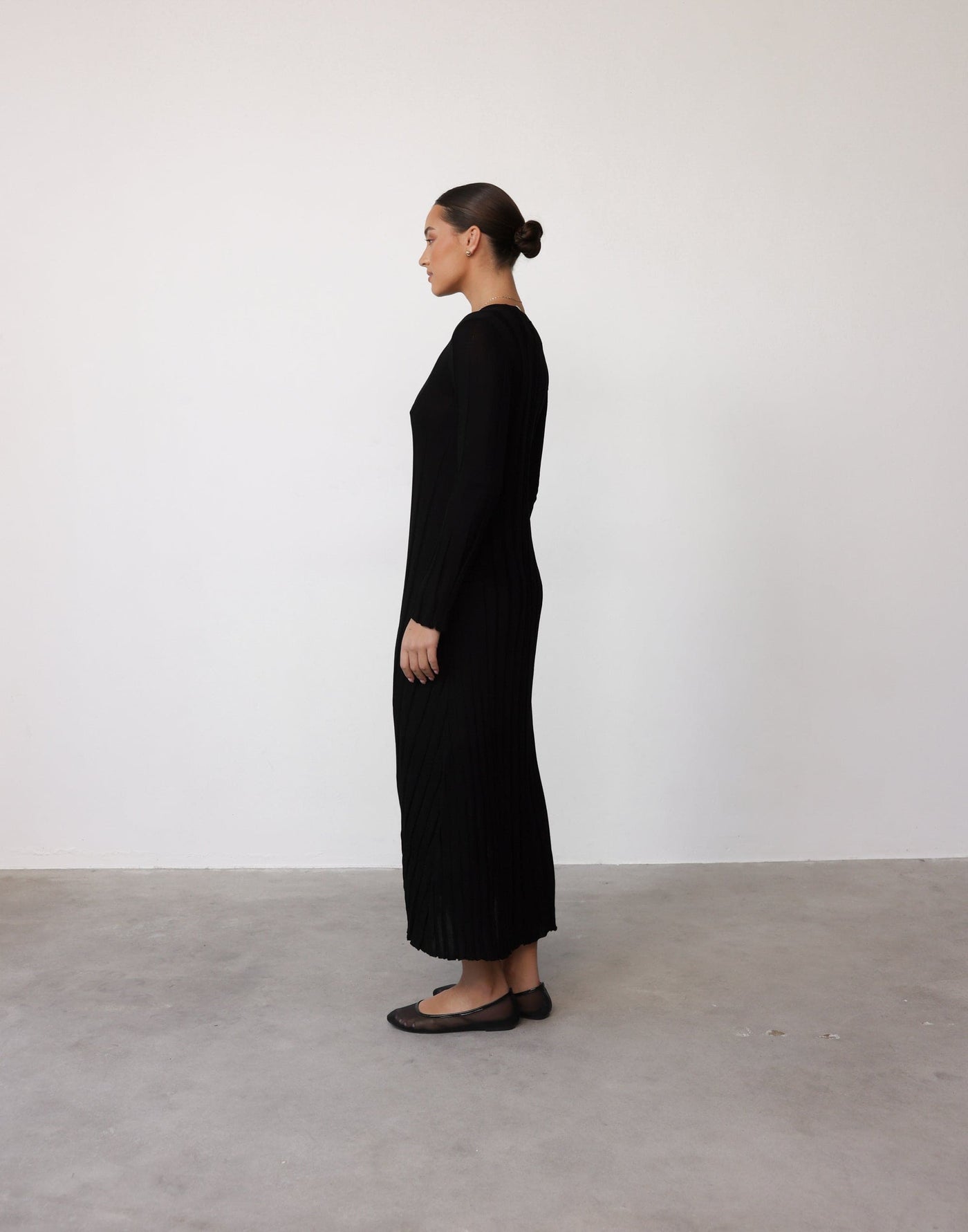 Jemima Long Sleeve Maxi Dress (Black) - Ribbed High Round Neckline Maxi Dress - Women's Dress - Charcoal Clothing