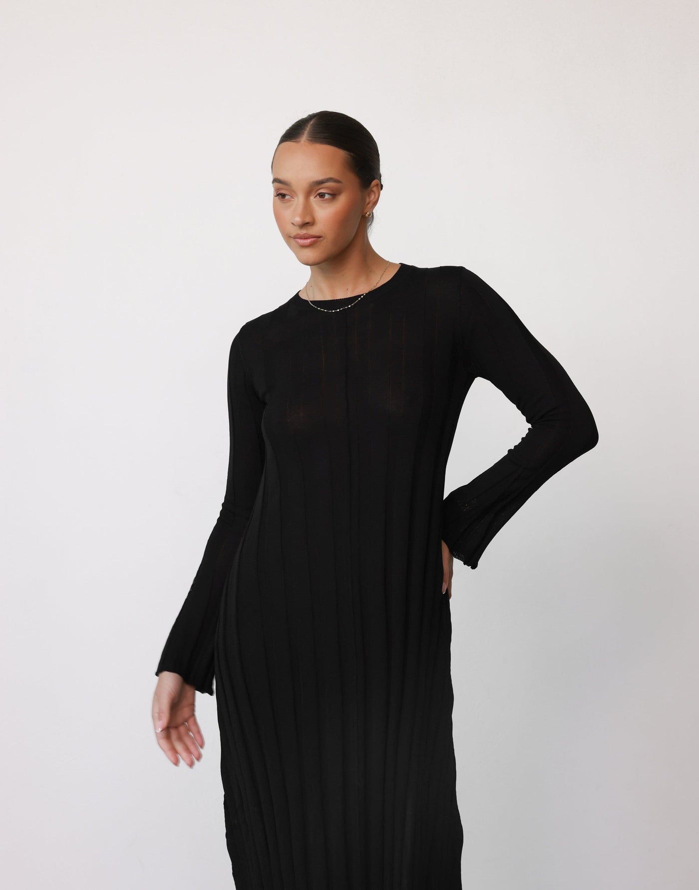 Jemima Long Sleeve Maxi Dress (Black) - Ribbed High Round Neckline Maxi Dress - Women's Dress - Charcoal Clothing