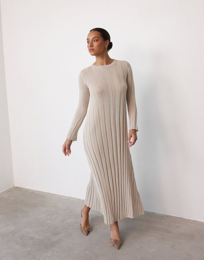 Jemima Long Sleeve Maxi Dress (Stone) - Ribbed High Round Neckline Maxi Dress - Women's Dress - Charcoal Clothing