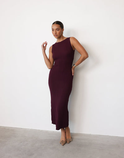 Kienna Maxi Dress (Plum) - Boat Neck Ribbed Bodycon Maxi Dress - Women's Dress - Charcoal Clothing