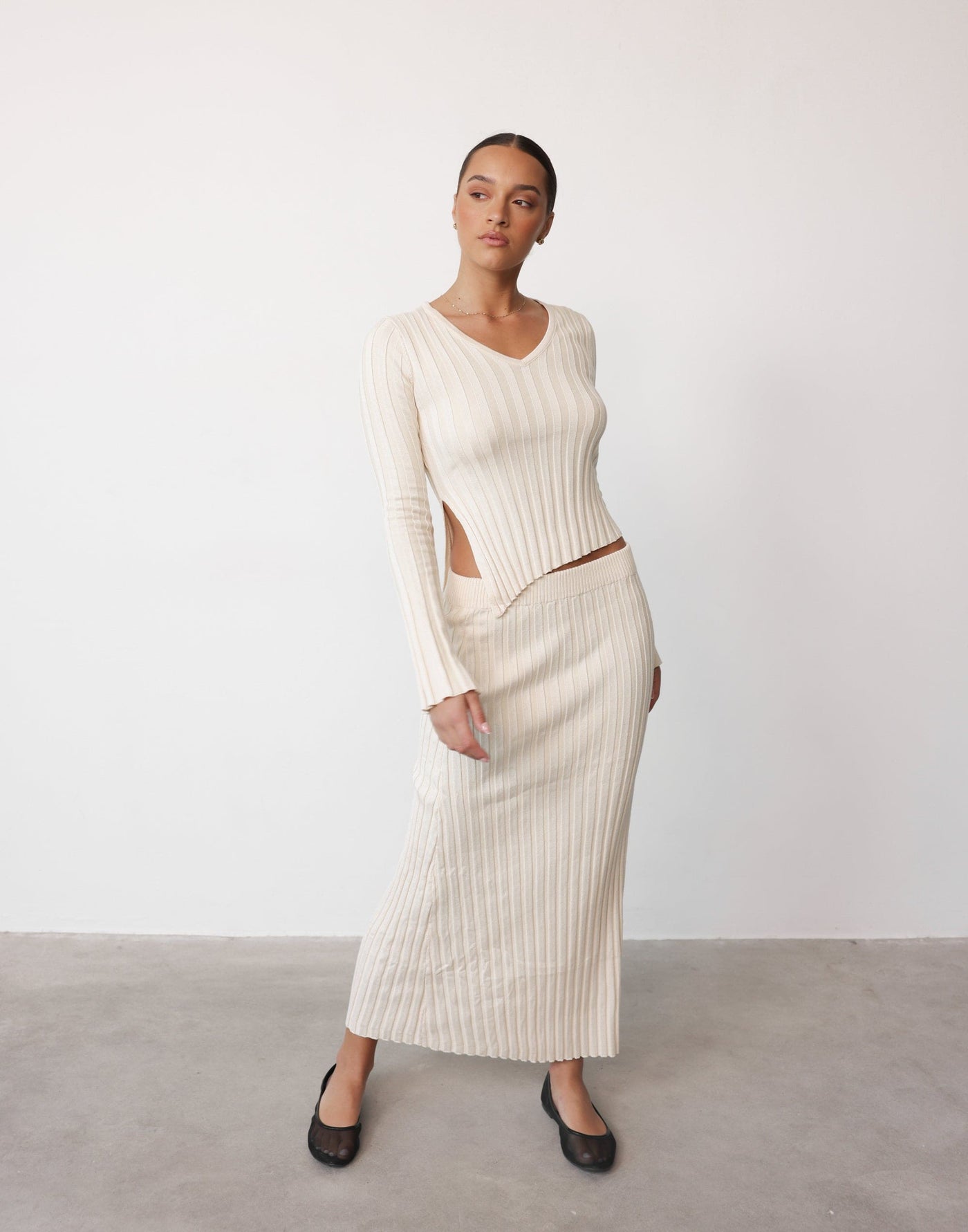 Andrea Maxi Skirt (Cream) - Ribbed Bodycon Elasticated Maxi Skirt - Women's Skirt - Charcoal Clothing