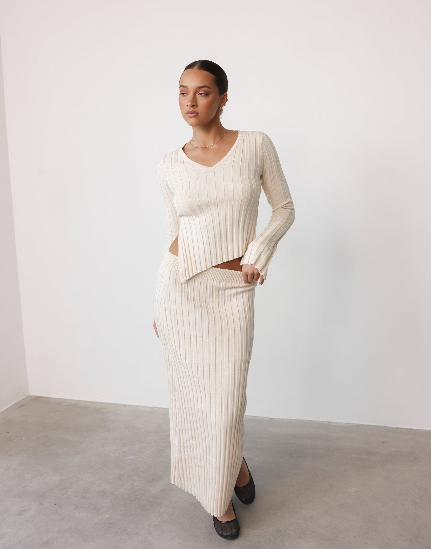 Andrea Maxi Skirt (Cream) - Ribbed Bodycon Elasticated Maxi Skirt - Women's Skirt - Charcoal Clothing