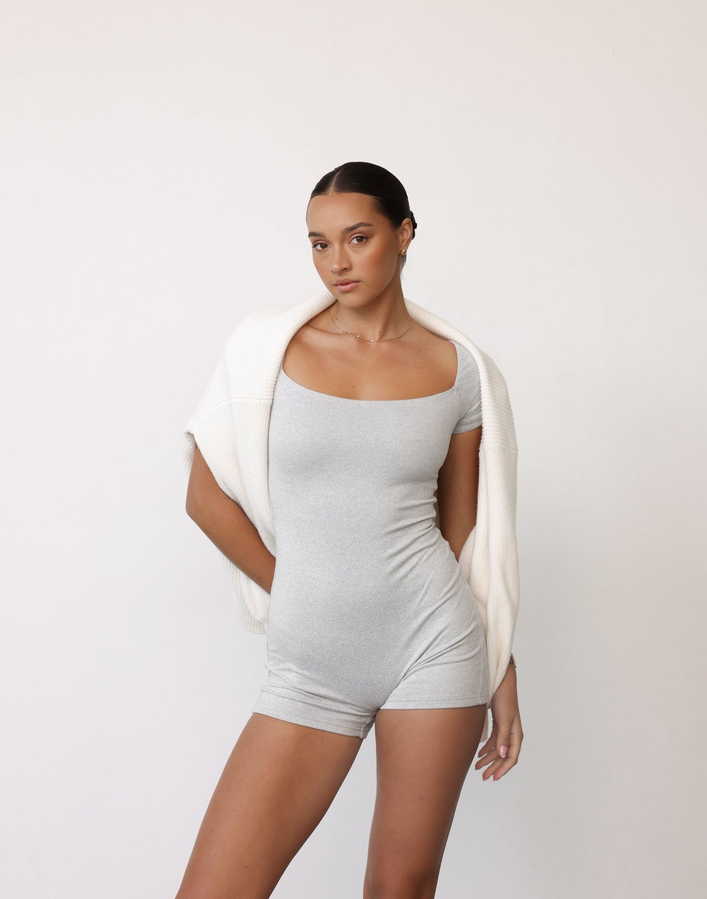 Nailea Playsuit (Grey Marle) | CHARCOAL Exclusive - Bodycon Boat Neck Romper/Playsuit - Women's Playsuit - Charcoal Clothing