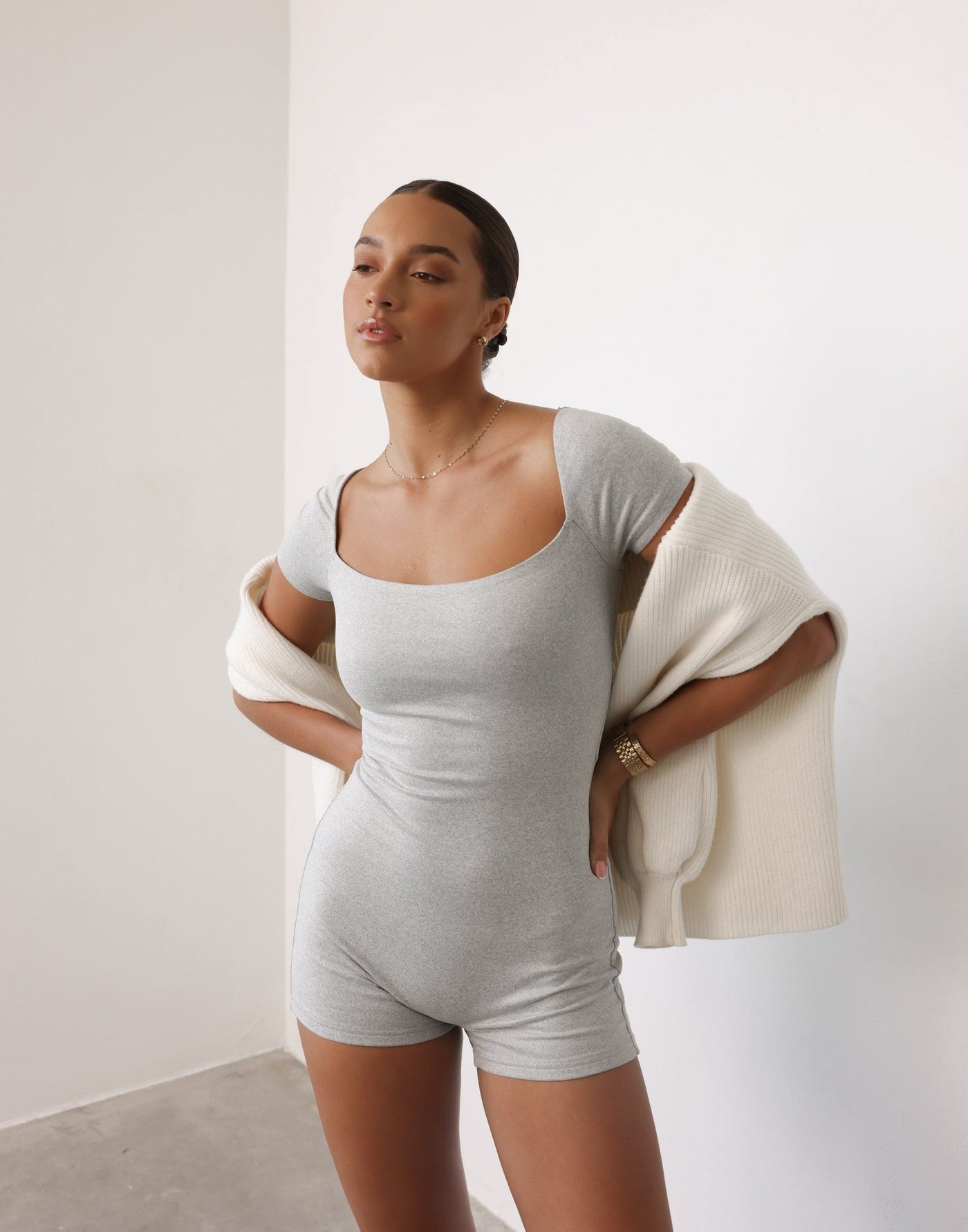 Nailea Playsuit (Grey Marle) | CHARCOAL Exclusive - Bodycon Boat Neck Romper/Playsuit - Women's Playsuit - Charcoal Clothing