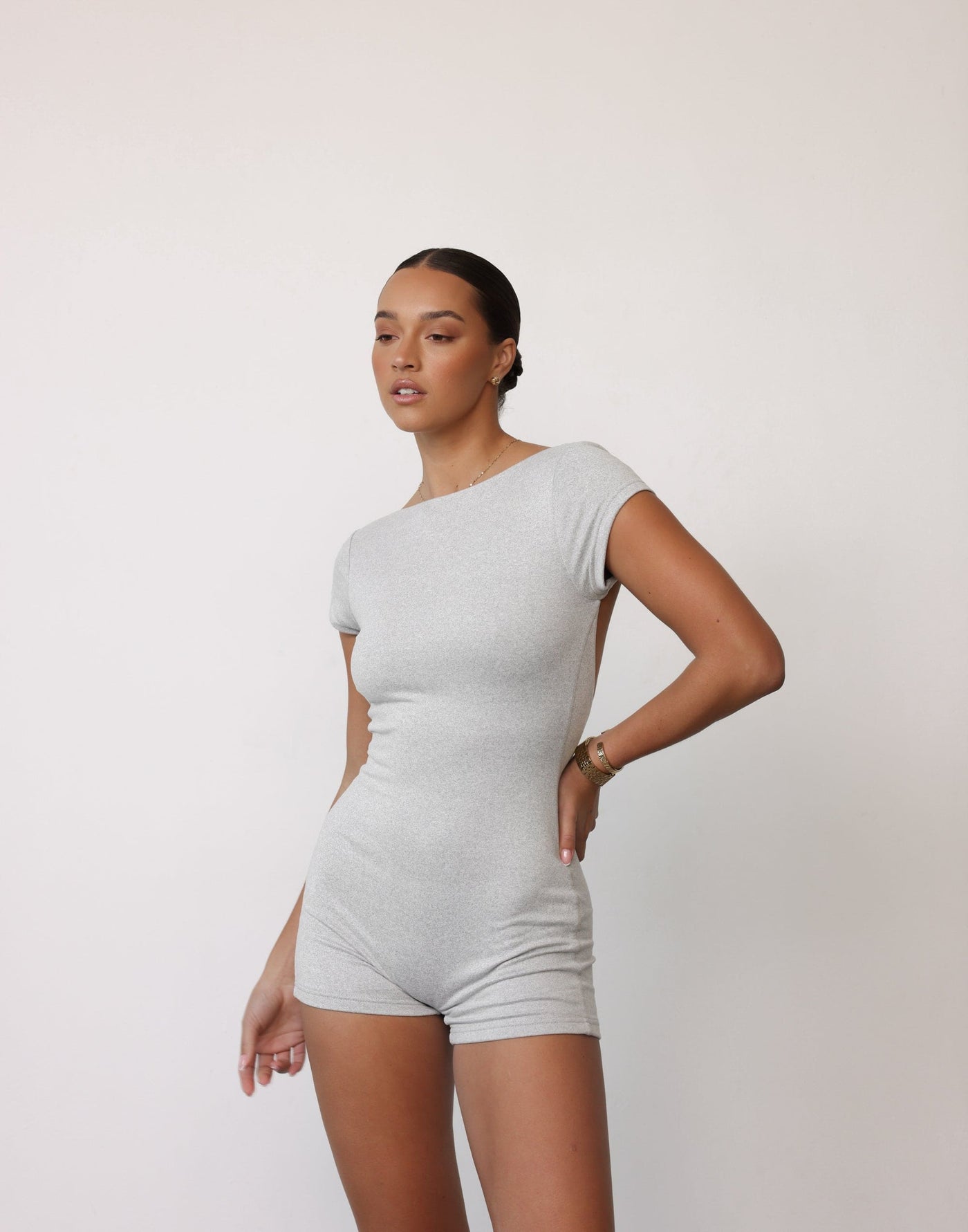 Cindy Playsuit (Grey Marle) | CHARCOAL Exclusive - Open Back Double Lined Playsuit - Women's Playsuit - Charcoal Clothing