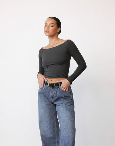 Noni Top (Slate) | CHARCOAL Exclusive - Long Sleeve Off the Shoulder Lined Top - Women's Top - Charcoal Clothing