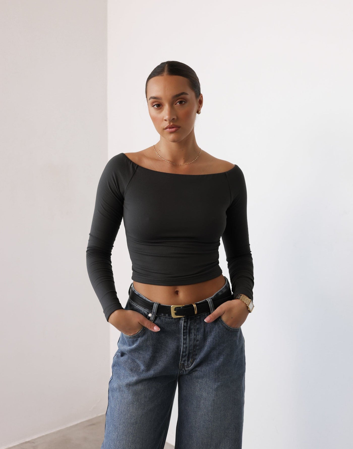 Noni Top (Slate) | CHARCOAL Exclusive - Long Sleeve Off the Shoulder Lined Top - Women's Top - Charcoal Clothing