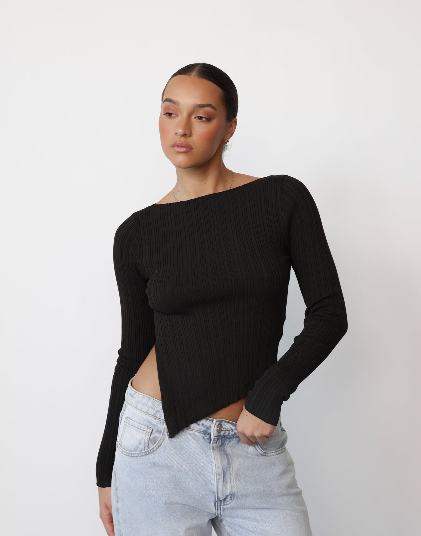 Kienna Long Sleeve Top (Chocolate) | CHARCOAL Exclusive - Ribbed Long Sleeve Asymmetrical Hem Boat Neck Top - Women's Top - Charcoal Clothing