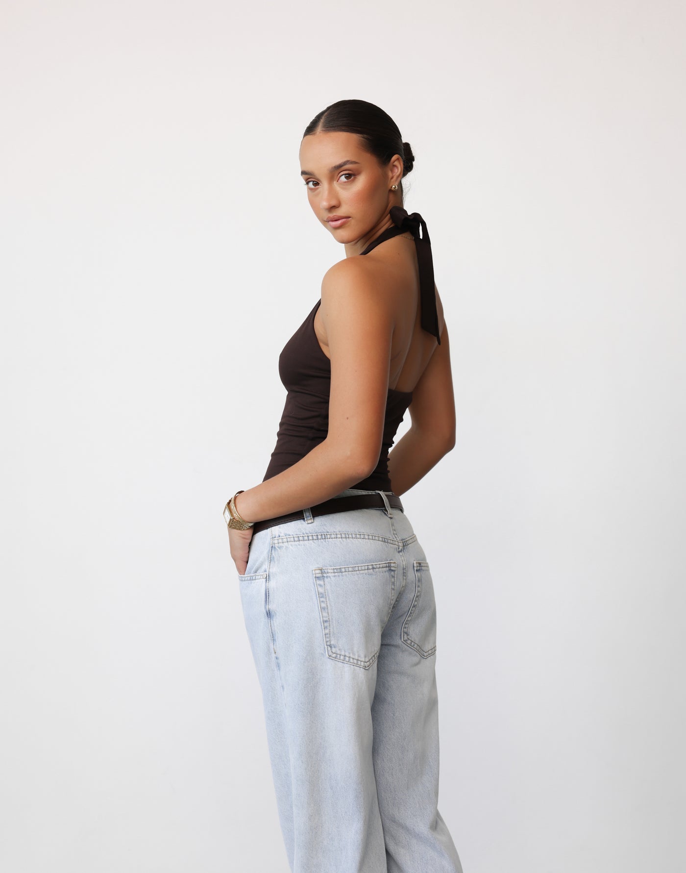 Tara Top (Chocolate) | CHARCOAL Exclusive - Low Back Halter Style V-Neckline Longline Top - Women's Top - Charcoal Clothing