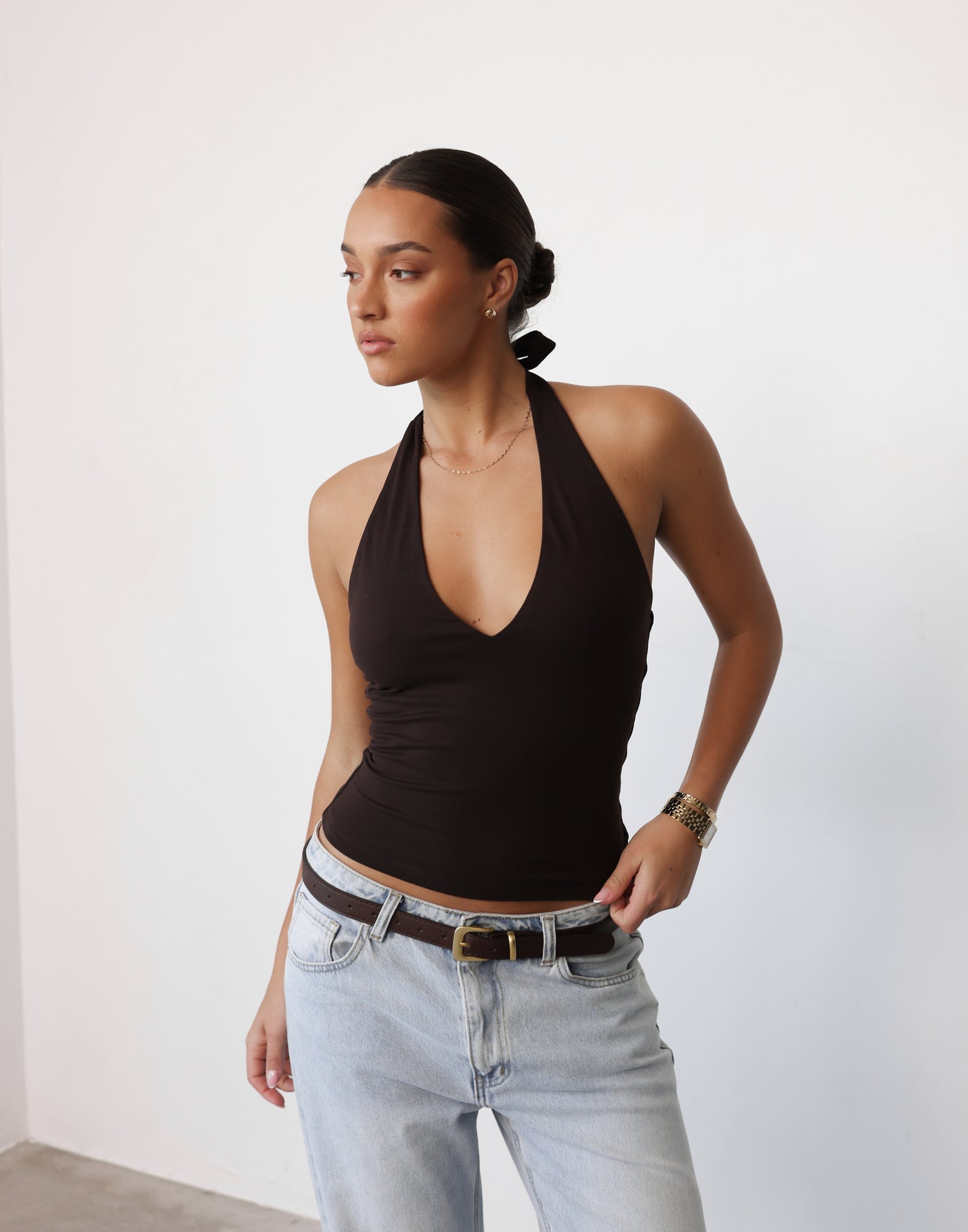 Tara Top (Chocolate) | CHARCOAL Exclusive - Low Back Halter Style V-Neckline Longline Top - Women's Top - Charcoal Clothing