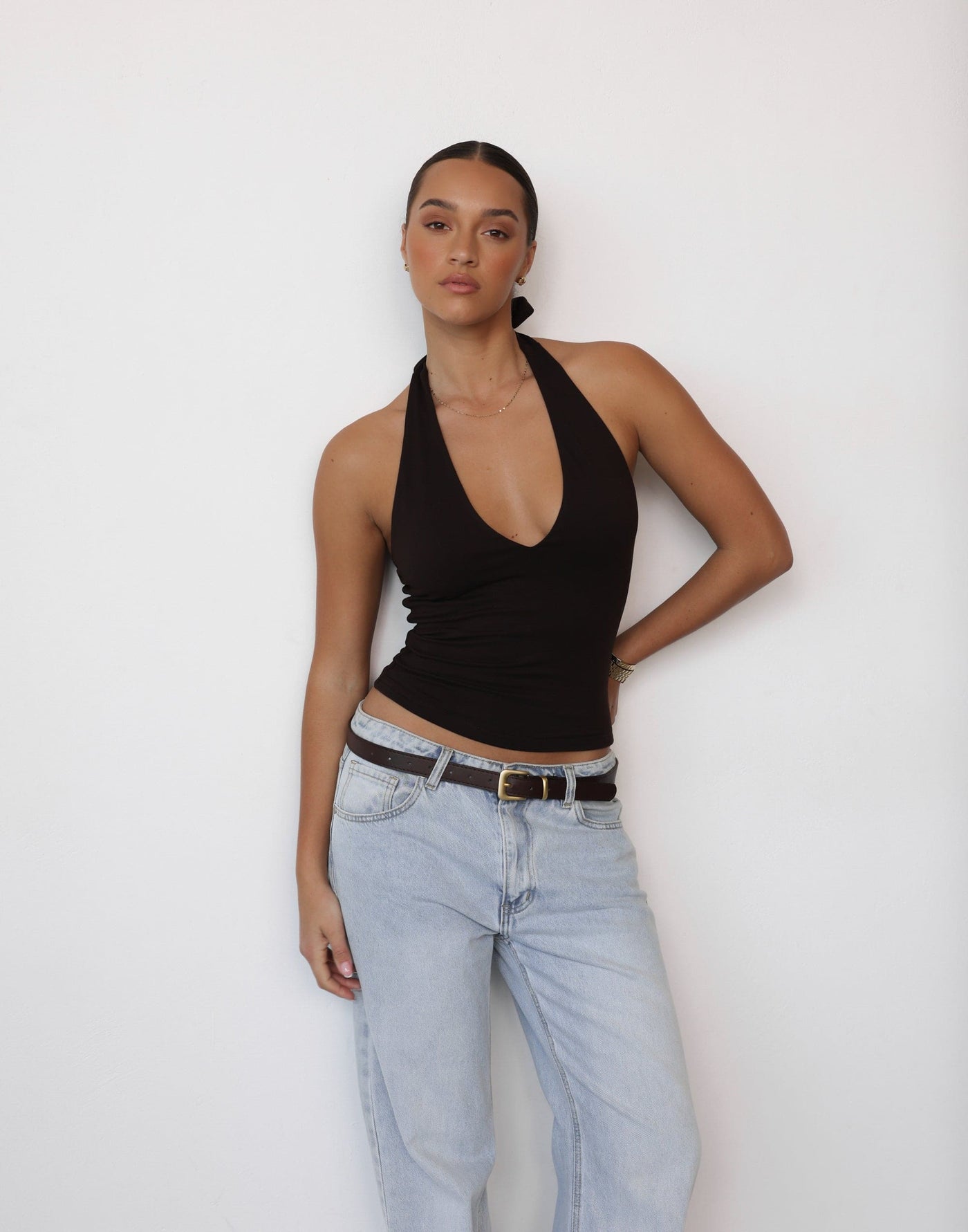 Tara Top (Chocolate) | CHARCOAL Exclusive - Low Back Halter Style V-Neckline Longline Top - Women's Top - Charcoal Clothing