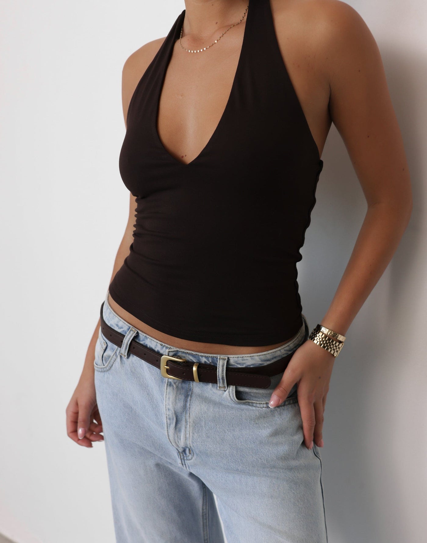 Tara Top (Chocolate) | CHARCOAL Exclusive - Low Back Halter Style V-Neckline Longline Top - Women's Top - Charcoal Clothing