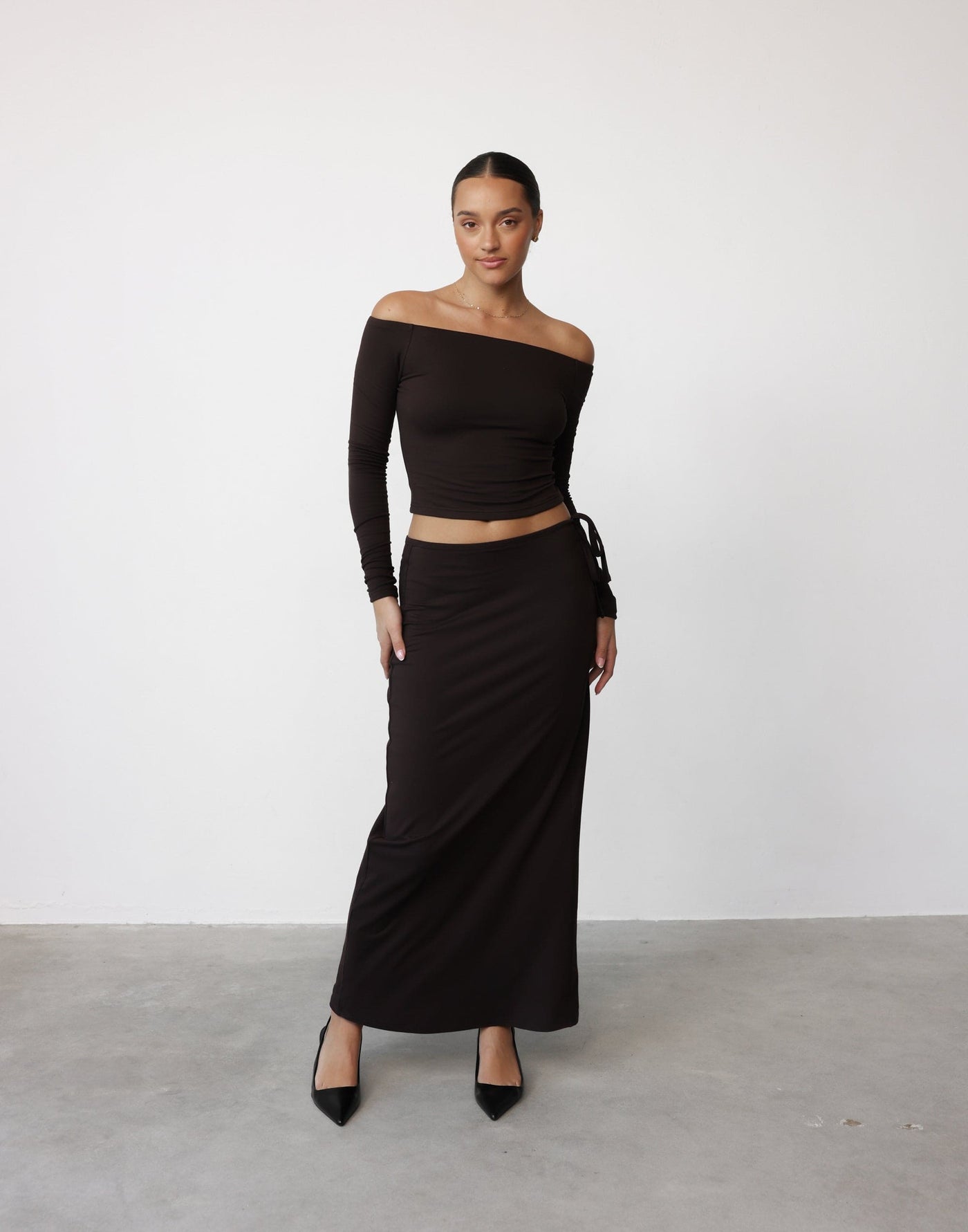 Noni Maxi Skirt (Chocolate) | CHARCOAL Exclusive - Tie Up Side Detail Bodycon Maxi Skirt - Women's Skirt - Charcoal Clothing