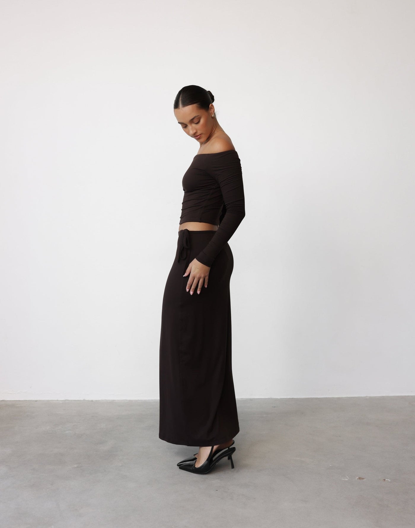 Noni Maxi Skirt (Chocolate) | CHARCOAL Exclusive - Tie Up Side Detail Bodycon Maxi Skirt - Women's Skirt - Charcoal Clothing