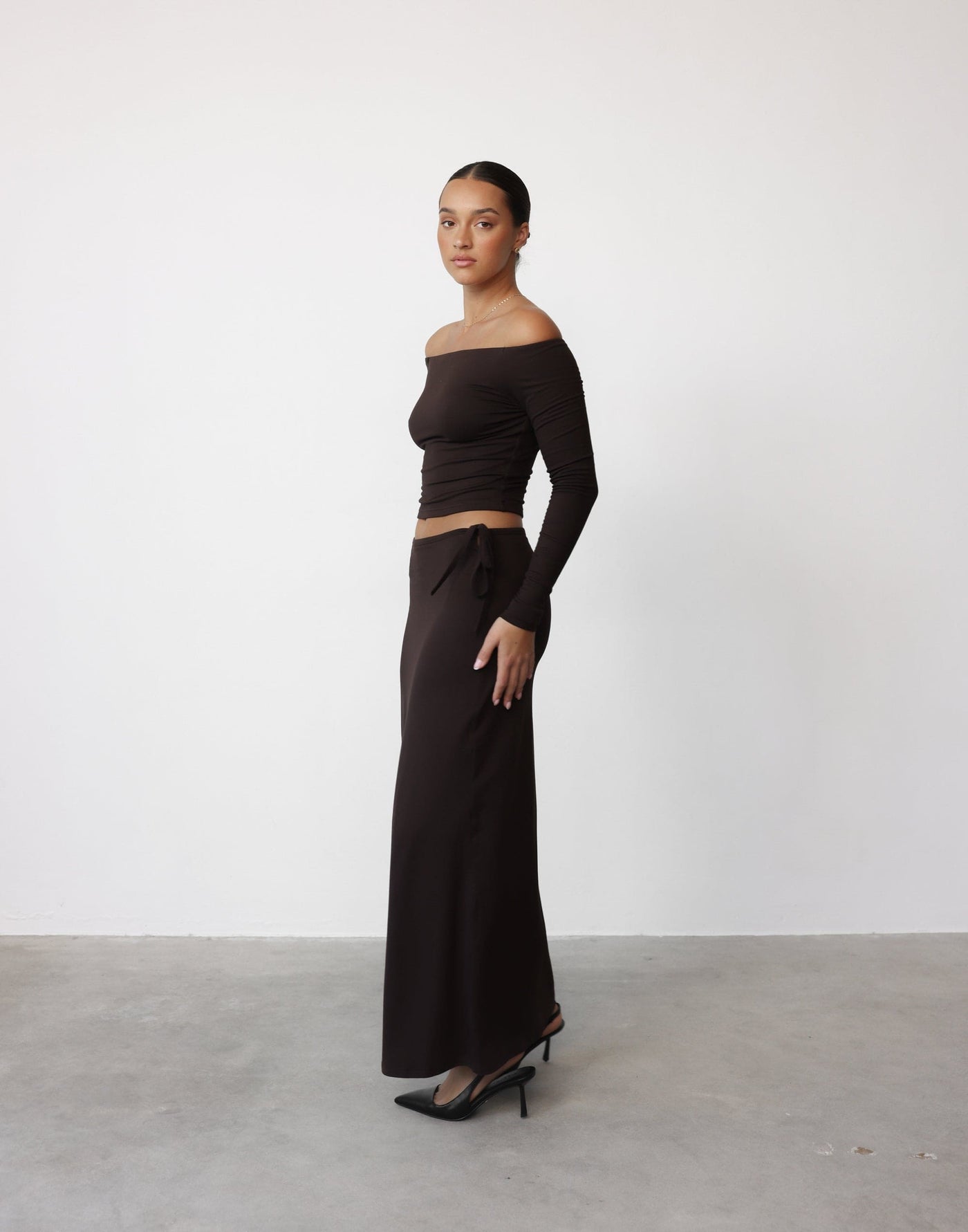 Noni Maxi Skirt (Chocolate) | CHARCOAL Exclusive - Tie Up Side Detail Bodycon Maxi Skirt - Women's Skirt - Charcoal Clothing