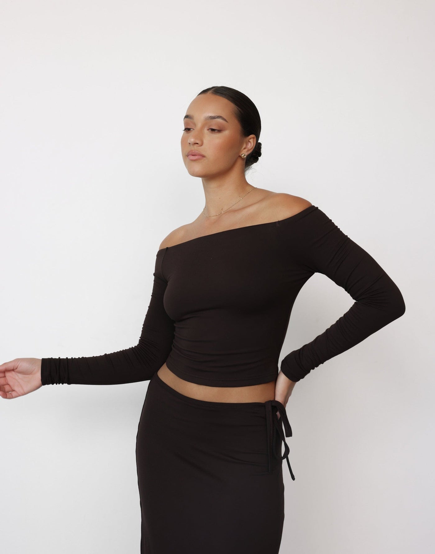 Noni Top (Chocolate) | CHARCOAL Exclusive - Long Sleeve Off the Shoulder Lined Top - Women's Top - Charcoal Clothing