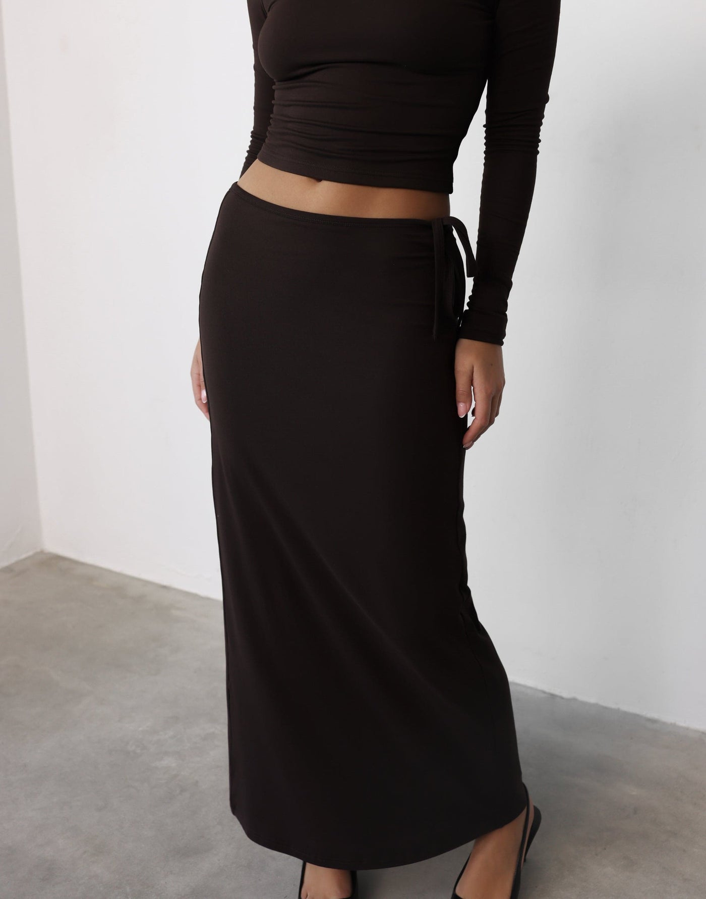 Noni Maxi Skirt (Chocolate) | CHARCOAL Exclusive - Tie Up Side Detail Bodycon Maxi Skirt - Women's Skirt - Charcoal Clothing