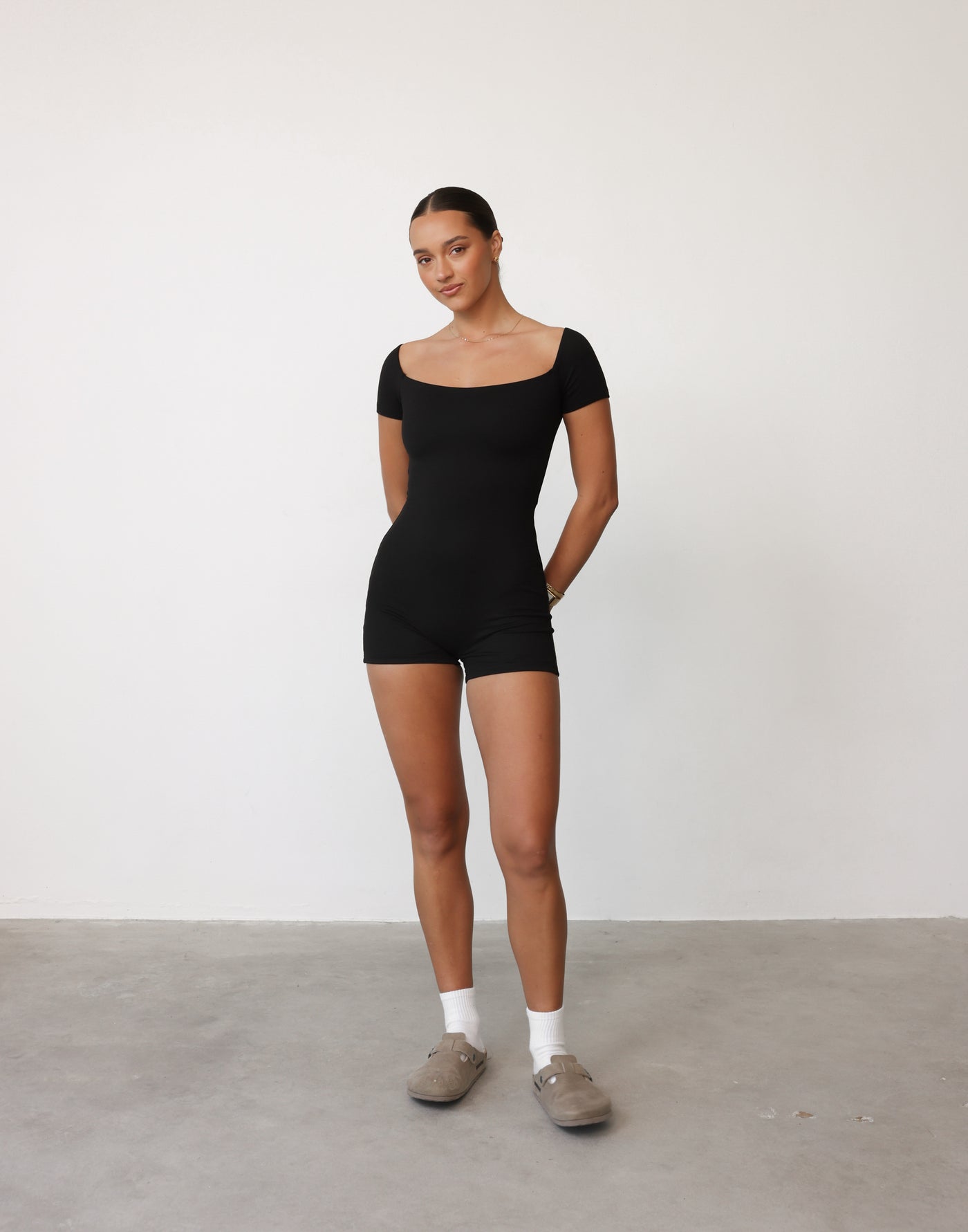 Nailea Playsuit (Black) | CHARCOAL Exclusive - Bodycon Boat Neck Romper/Playsuit - Women's Playsuit - Charcoal Clothing