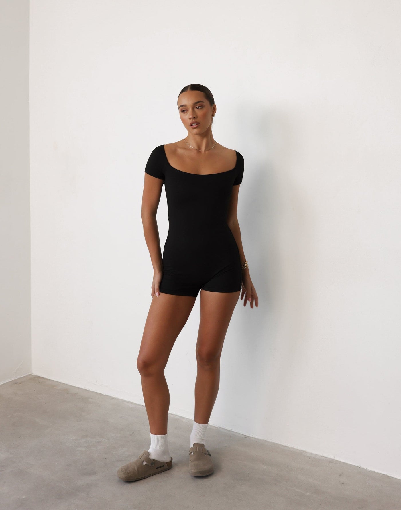 Nailea Playsuit (Black) | CHARCOAL Exclusive - Bodycon Boat Neck Romper/Playsuit - Women's Playsuit - Charcoal Clothing