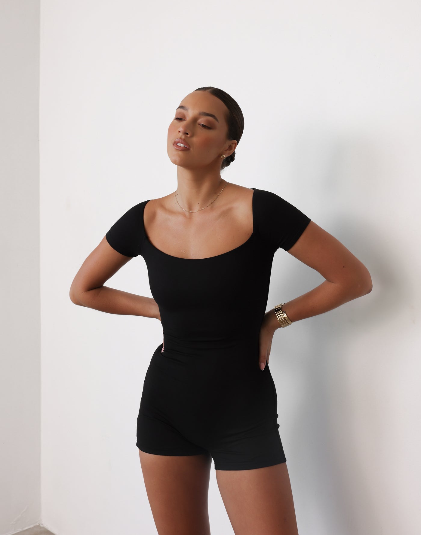 Nailea Playsuit (Black) | CHARCOAL Exclusive - Bodycon Boat Neck Romper/Playsuit - Women's Playsuit - Charcoal Clothing