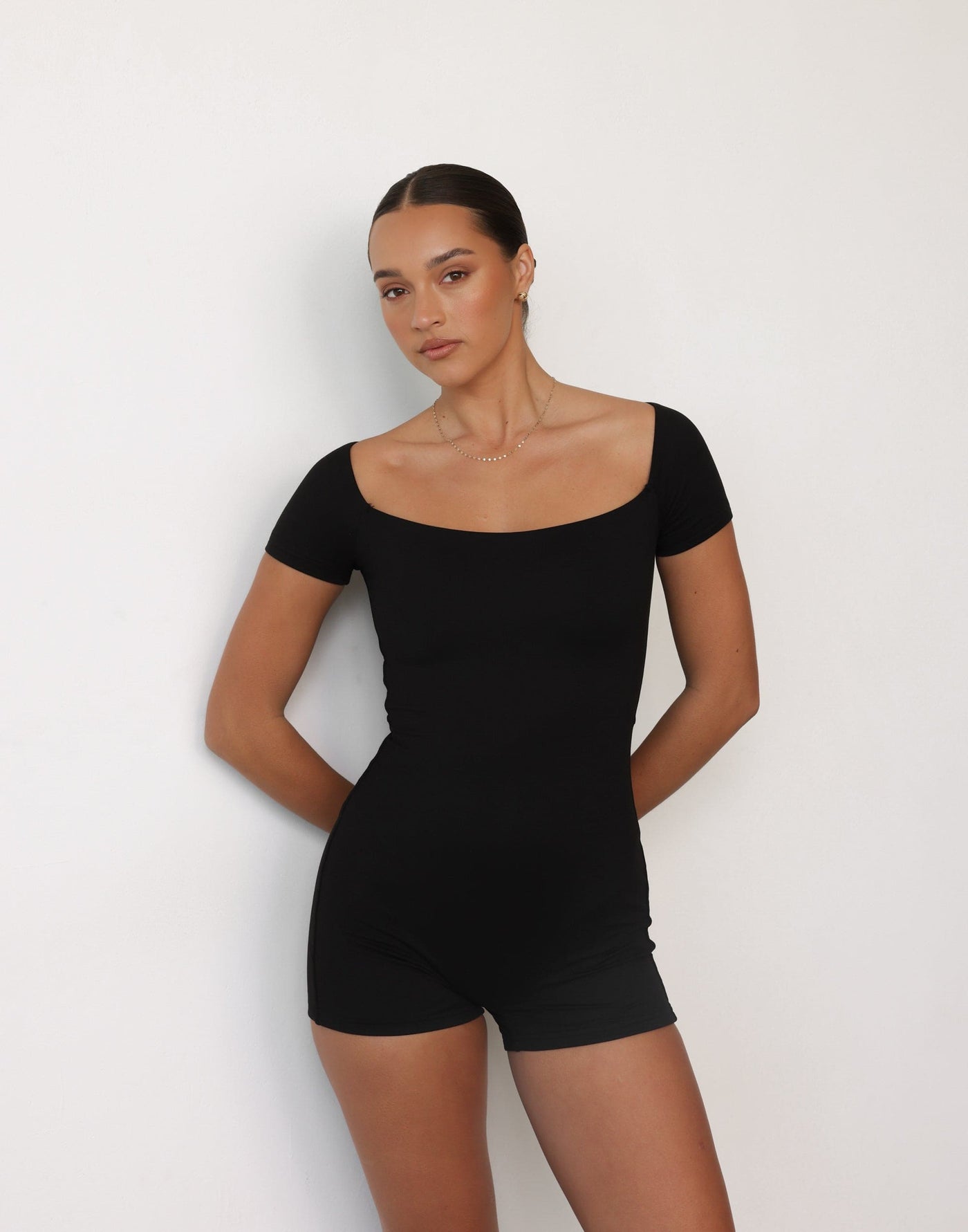 Nailea Playsuit (Black) | CHARCOAL Exclusive - Bodycon Boat Neck Romper/Playsuit - Women's Playsuit - Charcoal Clothing