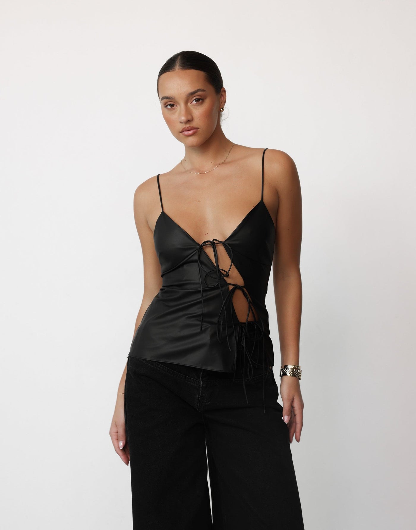 Mariah Cami (Onyx) - By Lioness - Tie-up Centre Spaghetti Strap Top - Women's Top - Charcoal Clothing