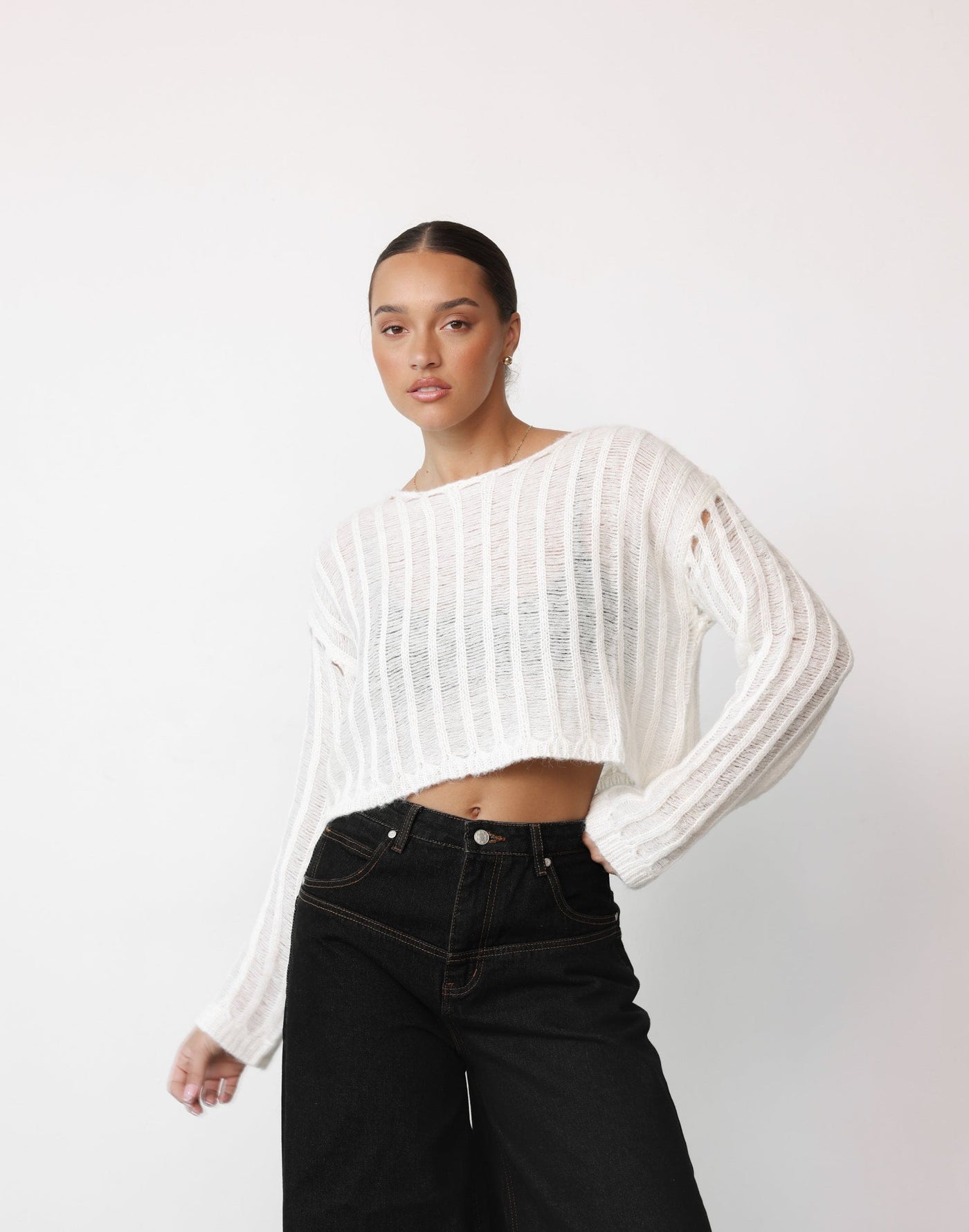 Florida Knit Jumper (Cream) - Cropped Long Sleeve Knit Relaxed Fit Jumper - Women's Top - Charcoal Clothing