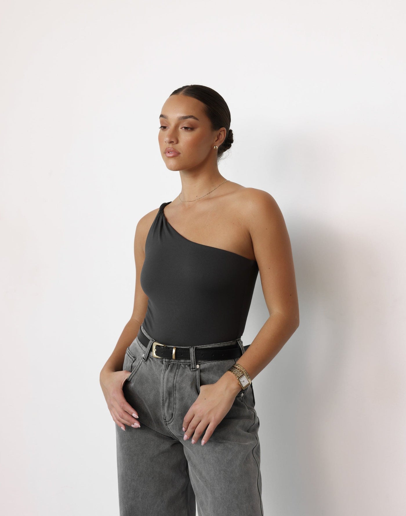 Isa Bodysuit (Slate) | CHARCOAL Exclusive - Twisted One Shoulder Bodycon Bodysuit - Women's Top - Charcoal Clothing