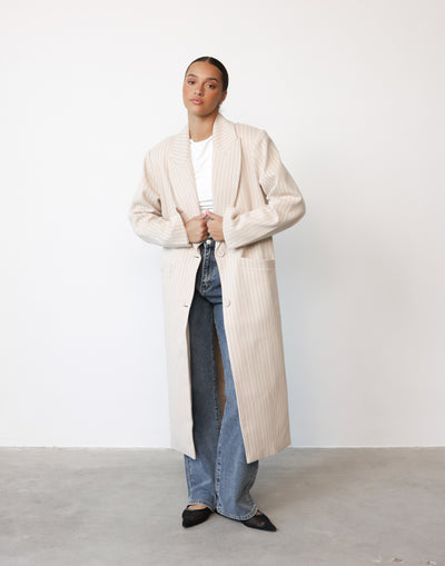 Olsen Coat (Beige Pinstripe) - By Lioness - Beige Pinstripe Oversized Coat - Women's Outerwear - Charcoal Clothing