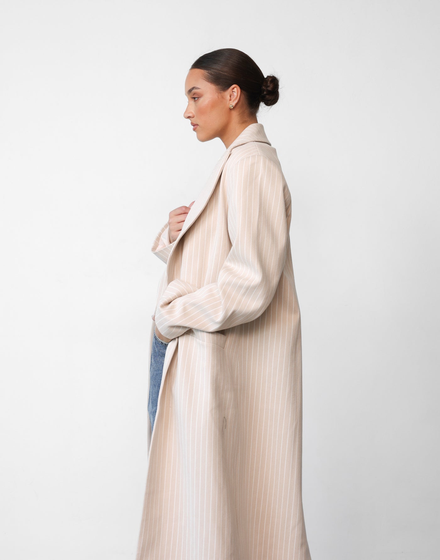 Olsen Coat (Beige Pinstripe) - By Lioness - Beige Pinstripe Oversized Coat - Women's Outerwear - Charcoal Clothing