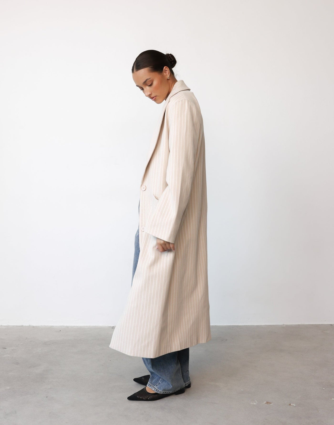 Olsen Coat (Beige Pinstripe) - By Lioness - Beige Pinstripe Oversized Coat - Women's Outerwear - Charcoal Clothing