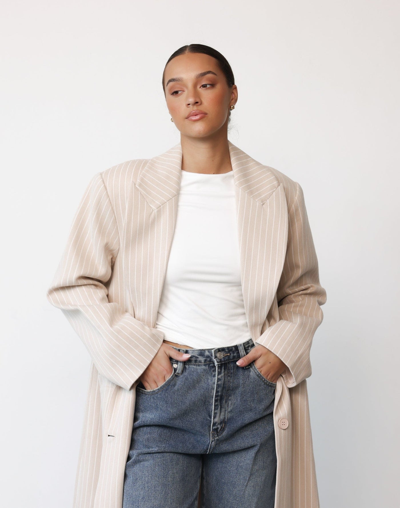 Olsen Coat (Beige Pinstripe) - By Lioness - Beige Pinstripe Oversized Coat - Women's Outerwear - Charcoal Clothing