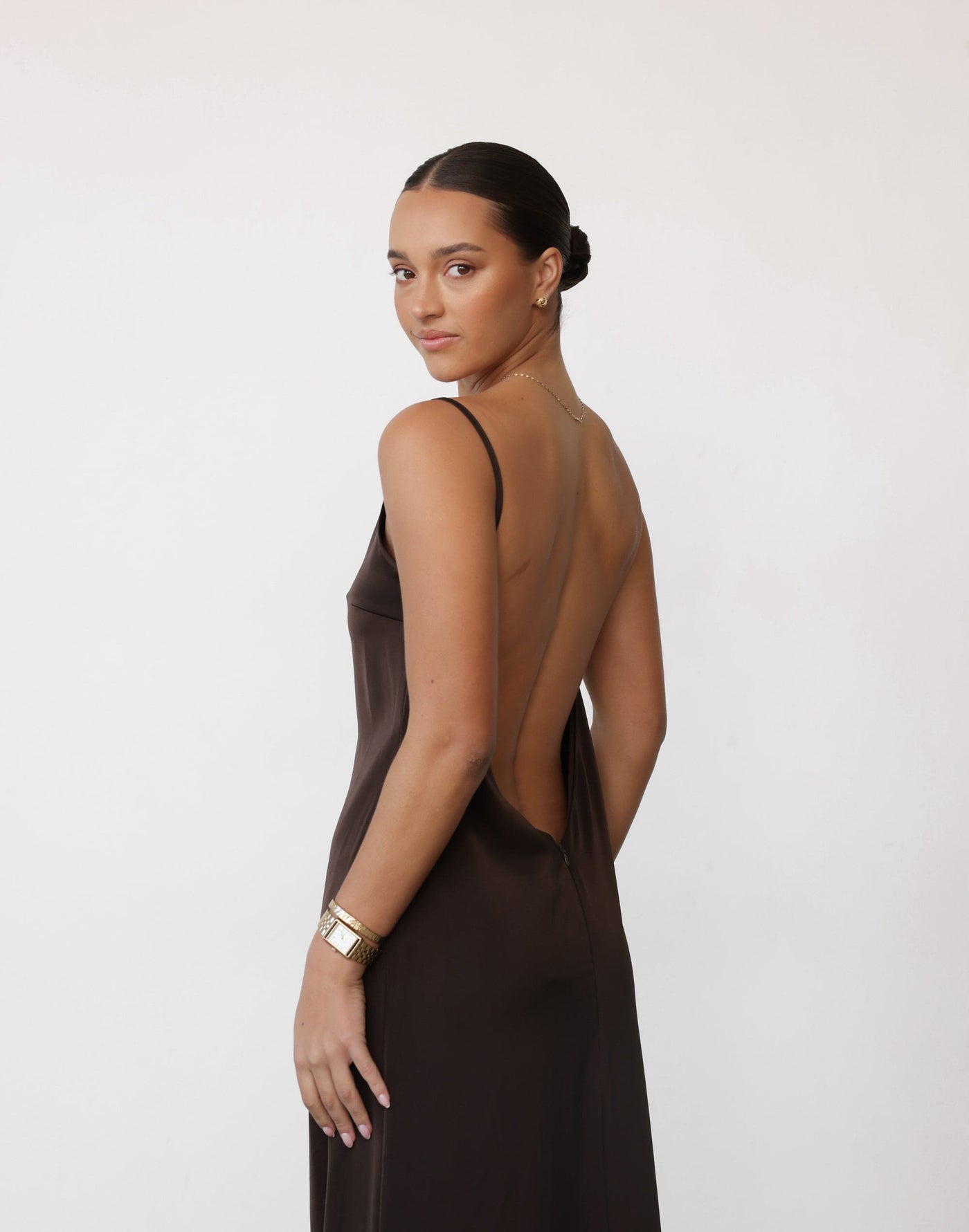 Ophelia Maxi Dress (Chocolate) | CHARCOAL Exclusive - Low Back Relaxed Fit Satin Maxi - Women's Dress - Charcoal Clothing