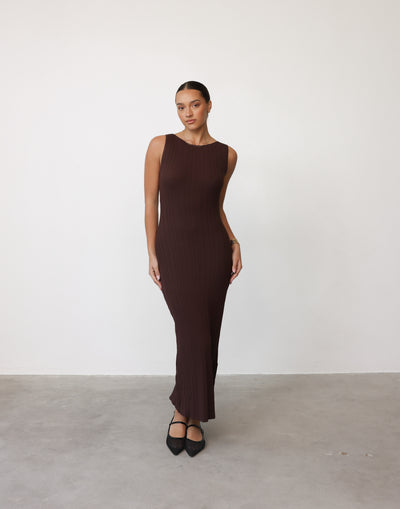 Kienna Maxi Dress (Cocoa) - Boat Neck Ribbed Bodycon Maxi Dress - Women's Dress - Charcoal Clothing