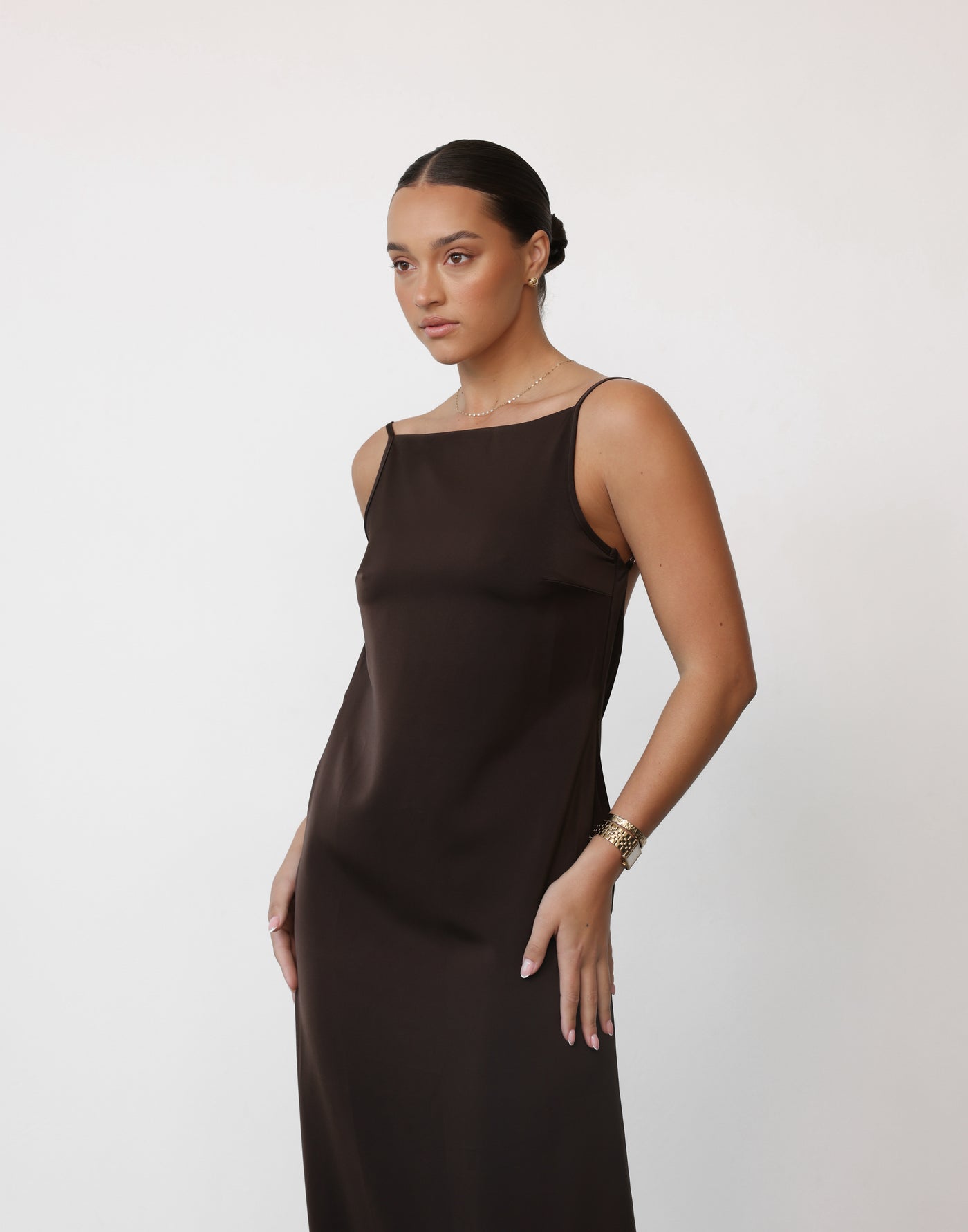 Ophelia Maxi Dress (Chocolate) | CHARCOAL Exclusive - Low Back Relaxed Fit Satin Maxi - Women's Dress - Charcoal Clothing