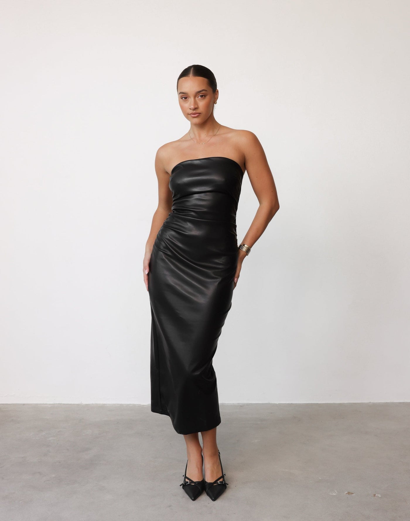 Sasha Maxi Dress (Black) - Faux Leather Strapless Bodycon Maxi Dress - Women's Dress - Charcoal Clothing