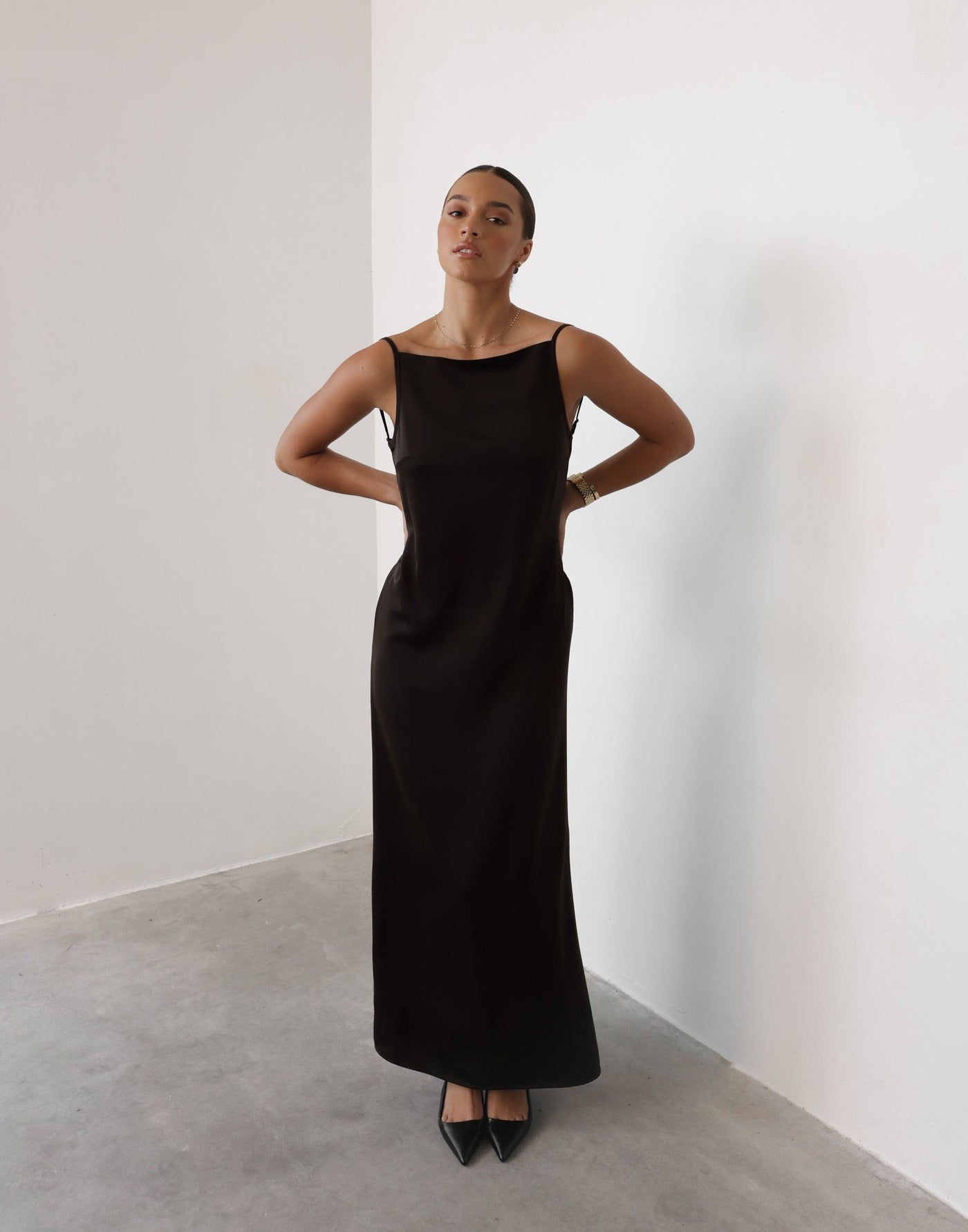 Ophelia Maxi Dress (Chocolate) | CHARCOAL Exclusive - Low Back Relaxed Fit Satin Maxi - Women's Dress - Charcoal Clothing