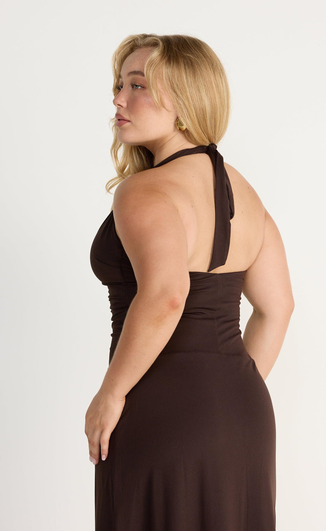 Araminta Maxi Dress (Chocolate) | CHARCOAL Exclusive - V-neck Open Front  Gathered Bust Bodycon Maxi Dress