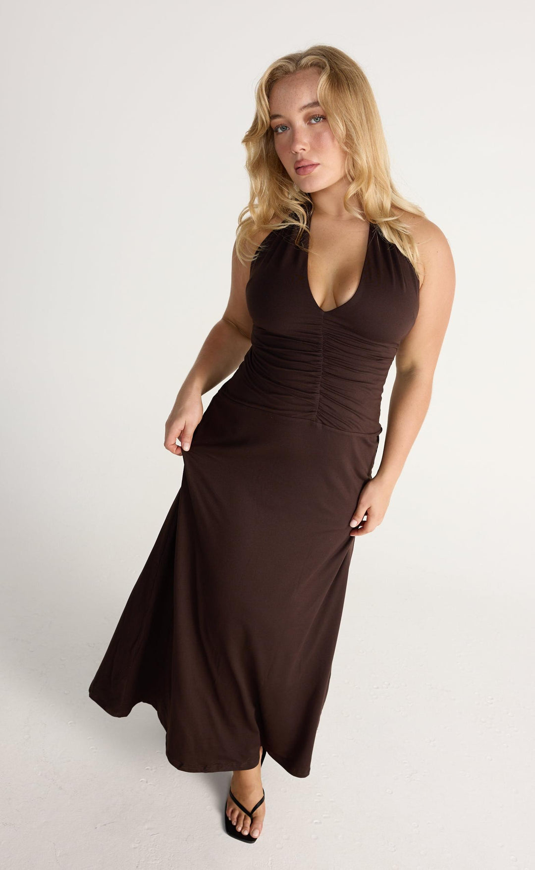 charcoal brown dress Winter Moon Strapless Lace Trim Midi Dress Charcoal main image 1