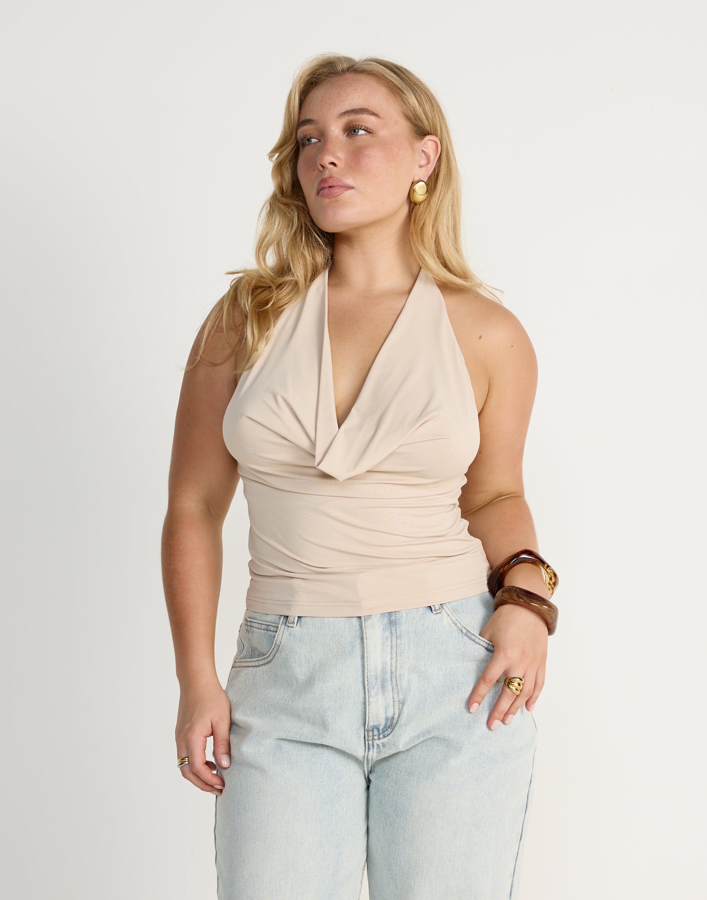 Dreams Top (Pistachio) | CHARCOAL Exclusive - Jersey Cowl Neckline Halter Top - Women's Top - Charcoal Clothing