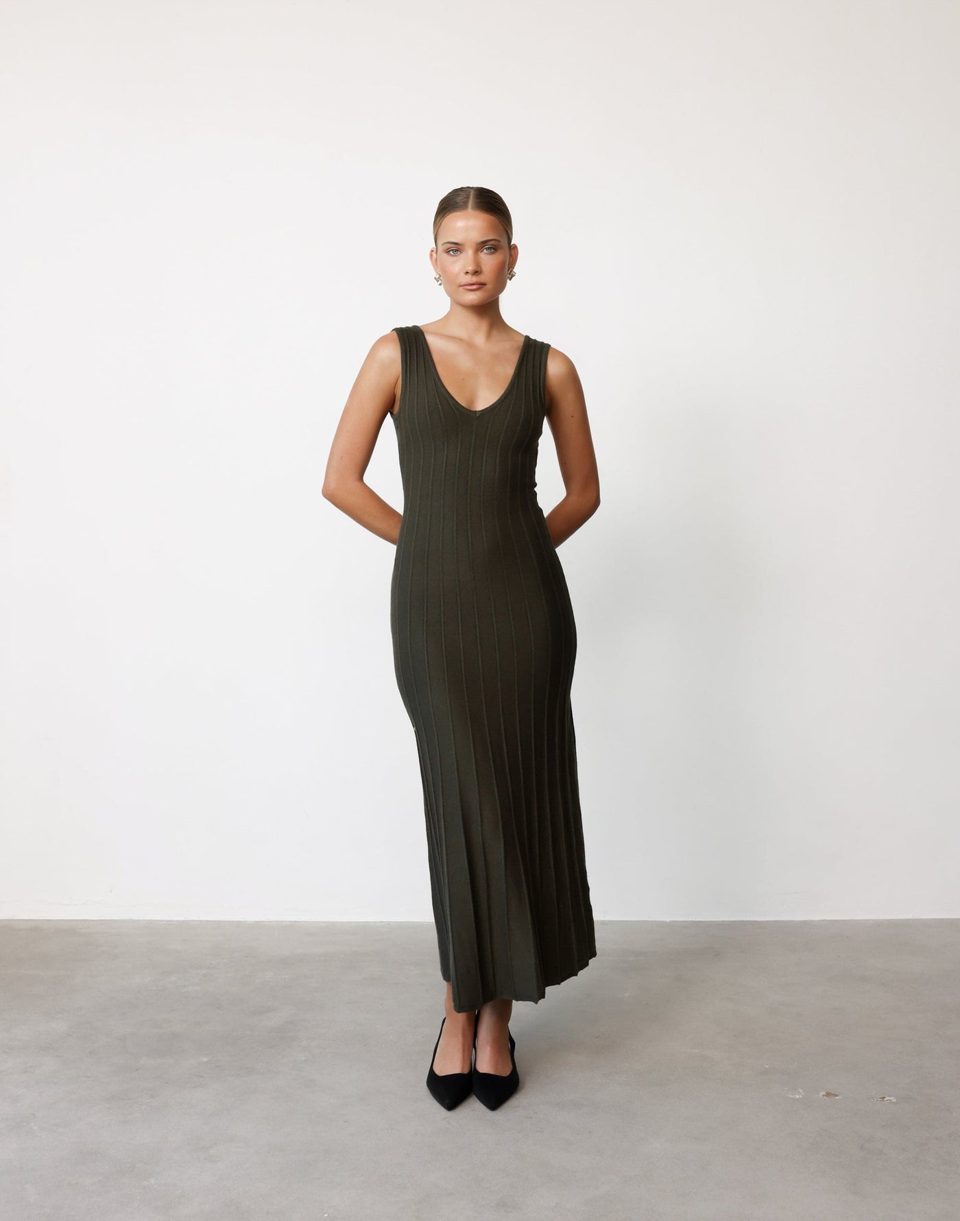 Aurelia Maxi Dress (Moss) | CHARCOAL Exclusive - V-neck Ribbed Bodycon Maxi Dress - Women's Dress - Charcoal Clothing