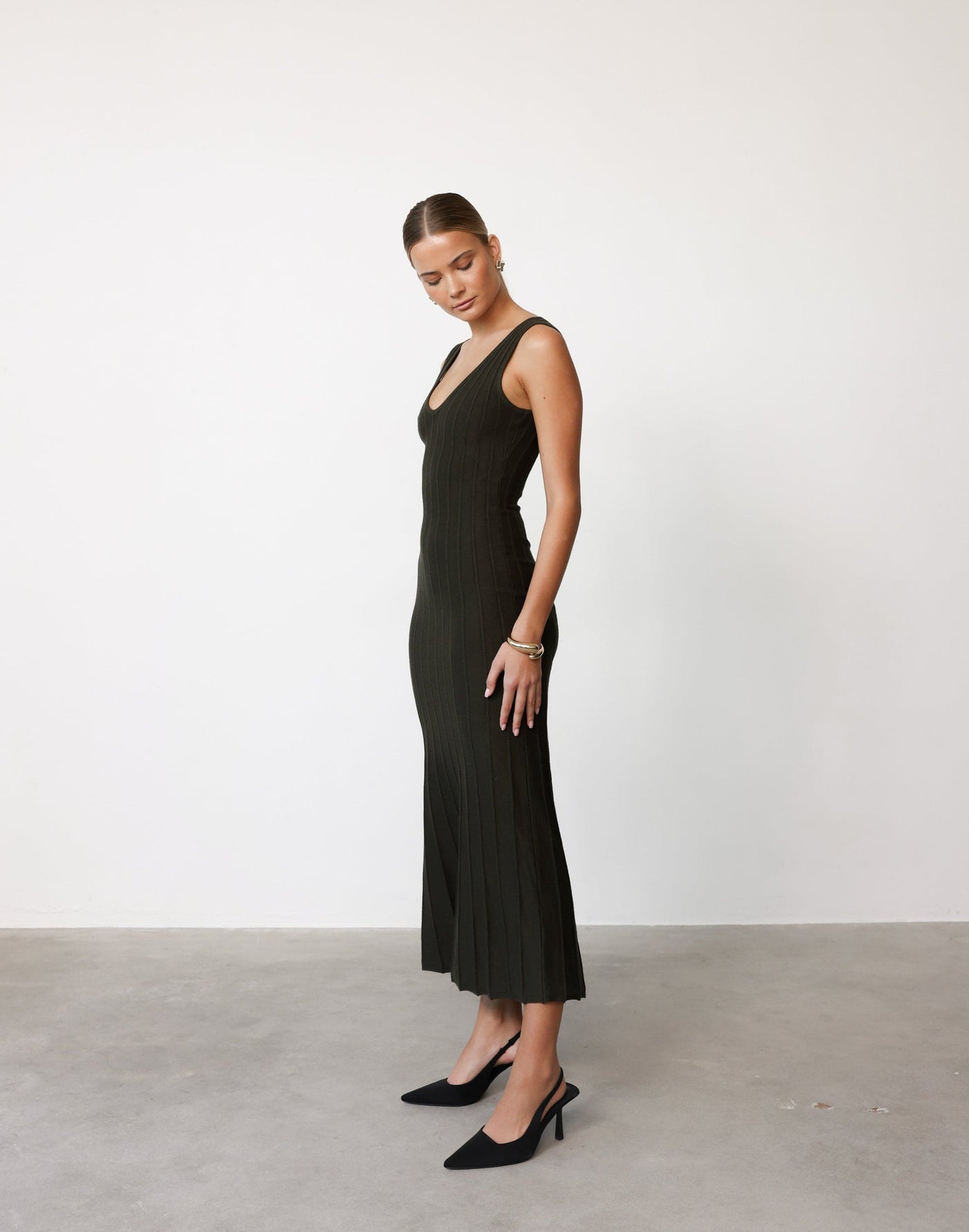 Aurelia Maxi Dress (Moss) | CHARCOAL Exclusive - V-neck Ribbed Bodycon Maxi Dress - Women's Dress - Charcoal Clothing