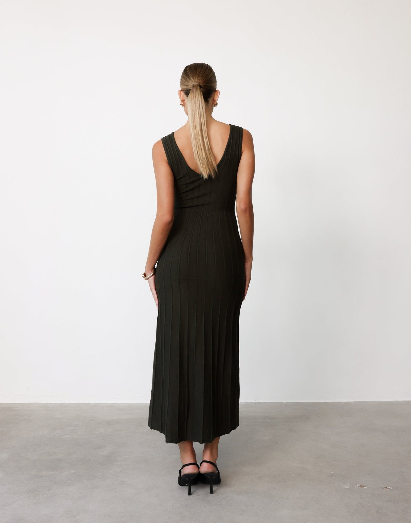 Aurelia Maxi Dress (Moss) | CHARCOAL Exclusive - V-neck Ribbed Bodycon Maxi Dress - Women's Dress - Charcoal Clothing