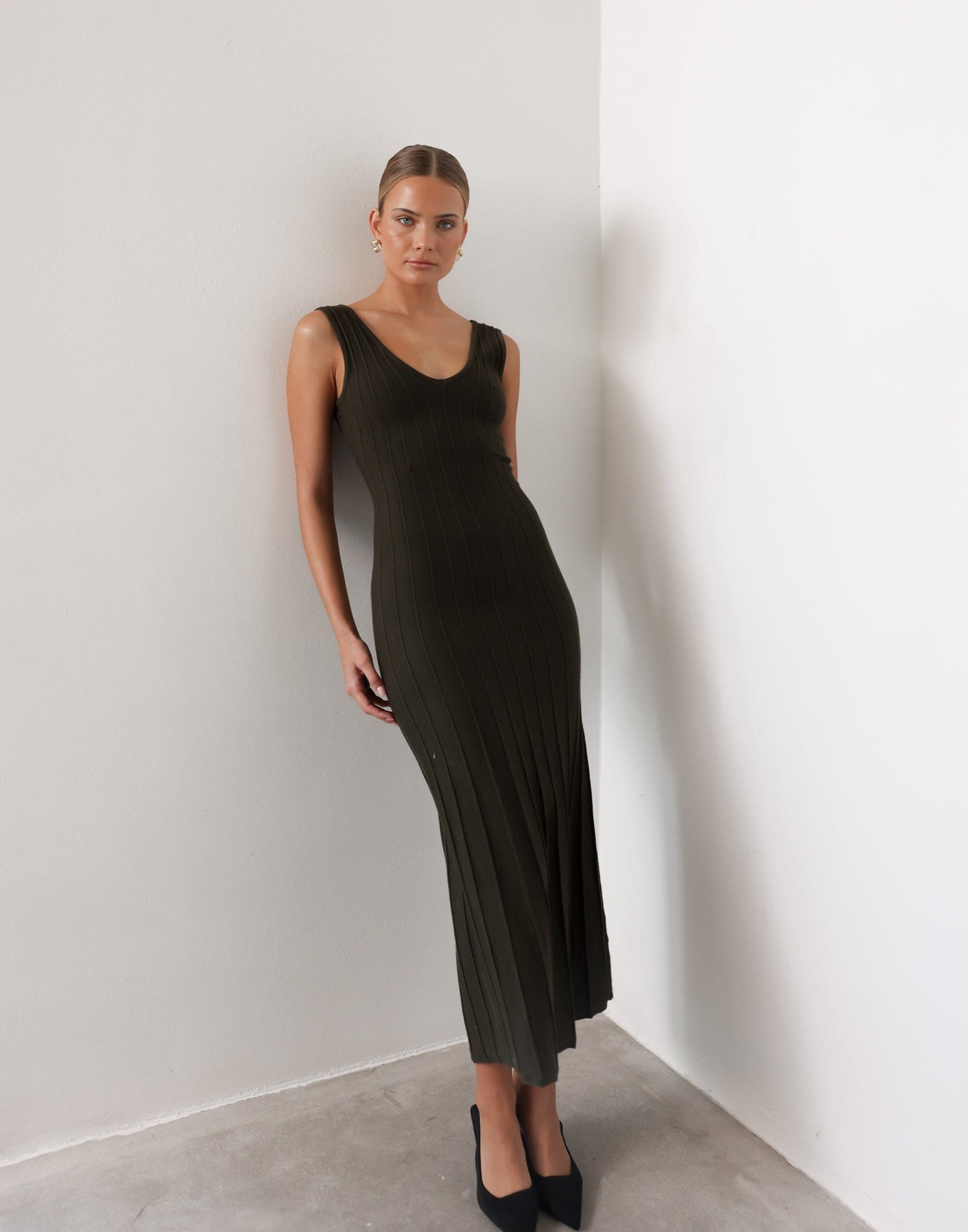 Aurelia Maxi Dress (Moss) | CHARCOAL Exclusive - V-neck Ribbed Bodycon Maxi Dress - Women's Dress - Charcoal Clothing